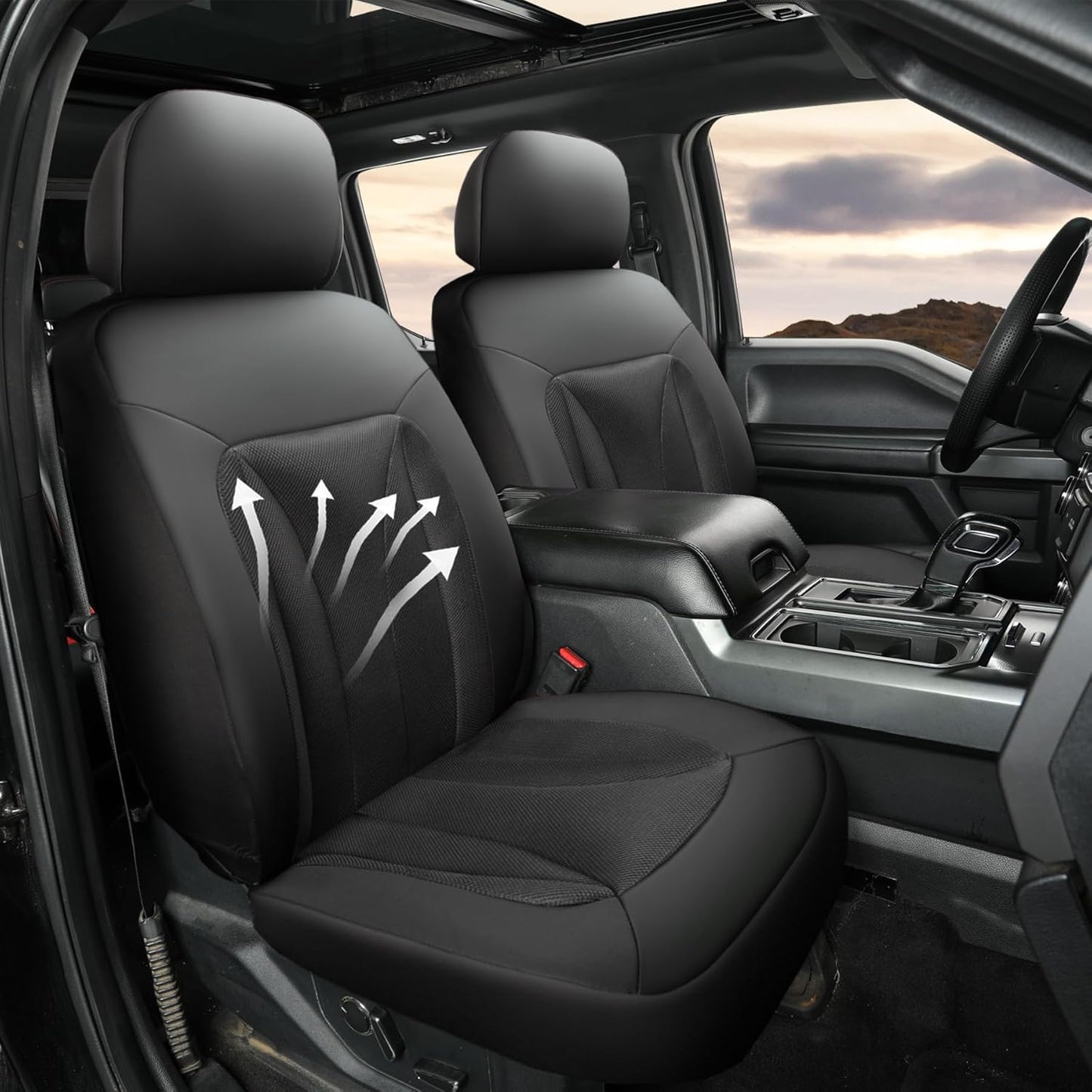 GIANT PANDA 2 Pcs Front 3D Air Mesh Car Seat Cover Custom Fit Ford F150 F250 F350 F450 SuperCrew/Crew Cab Pickup Trucks, Breathable Cooling Seat Protector with Composite Sponge Inside (Black)