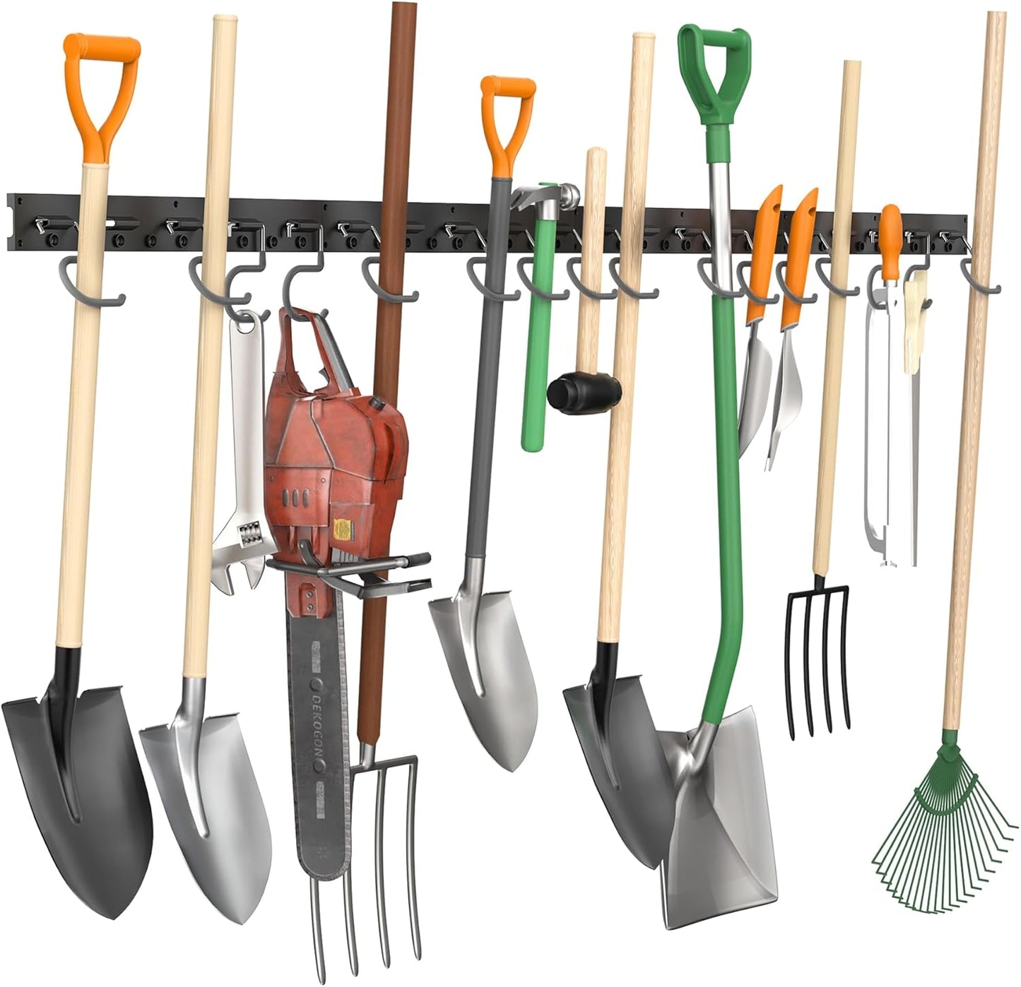 TORACK Plastic Wall Mounted Mop and Broom Holder, Garden Tools Organizer for Garage Wall, Yard Tool Storage Rack for Rakes, Shovels, Mops, Brooms (4 Tracks, 16 Hooks)