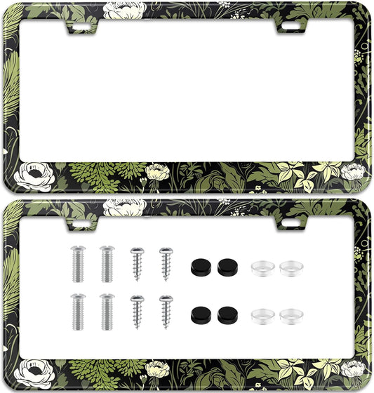 Sage Green Floral License Plate Frame Plant Flowers Stainless Steel License Plate Frames Holder Covers Rust-Proof Auto Parts Decoration with Screws License Plate Holder for Car Accessories 12x6 Inch
