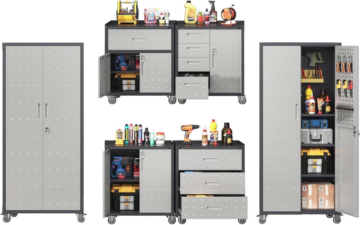 Metal Tool Cabinet,Garage Storage Cabinet System,Wall Cabinet & Locking Rolling Tool Cabinet with Doors and Adjustable Shelves,Steel Tool Cabinets for Home,Office (6 Pcs-StyleA, Black & Grey)