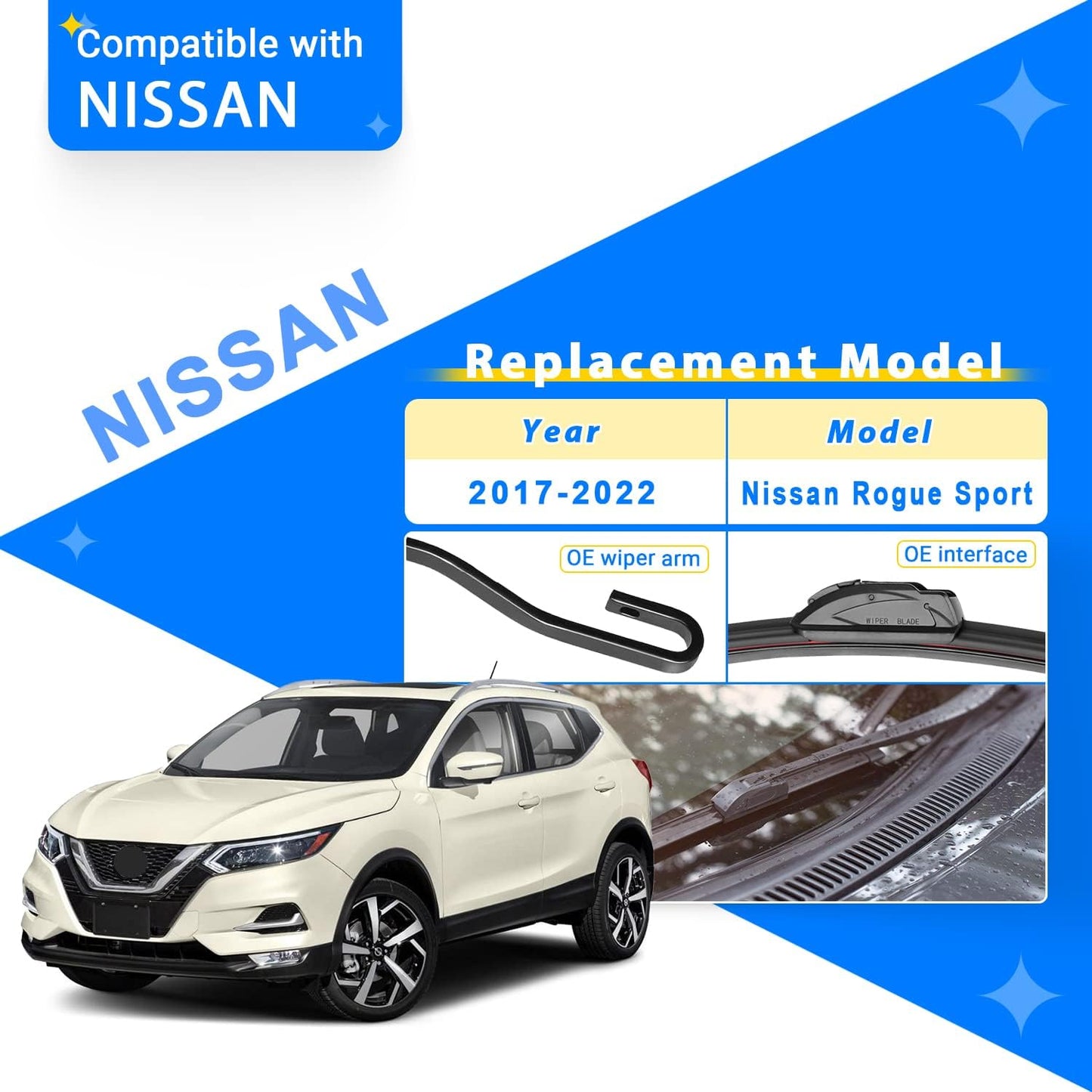 Windshield Wiper Blades Replacement for Nissan Rogue Sport 2017 2018 2019 2020 2021 2022 Original Factory Quality Front Rear Wipers Blade Set for My Car - 28" 18" 12" (Pack of 3)