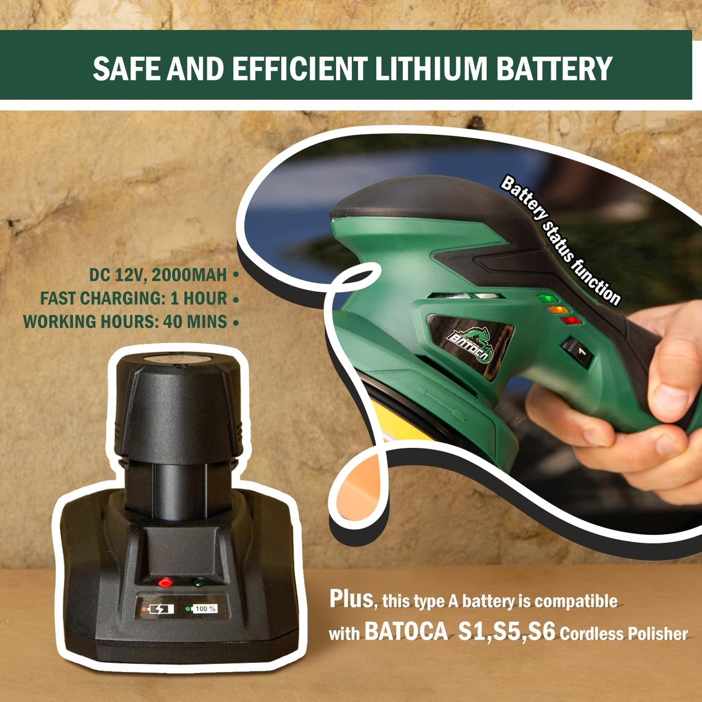 BATOCA - Cordless Car Buffer Polisher - 2pcs 2.0Ah 12V Lithium-ion Rechargeable Battery Powered Brushless Polisher with 6 Variable Speed, DA Orbital Buffer for Car Detailing, Polishing, Waxing