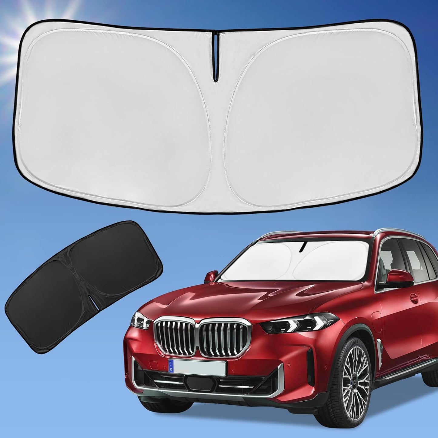 Sun Shade Sunshade for 2025 2026 BMW X5 Windshield Cover, 4-Layer Front Window Shade Custom fit BMW X5 M Sport xLine SUV 2019-2024 Sun Visor Retractable Shield Shade Blocks UV Rays Car Accessories