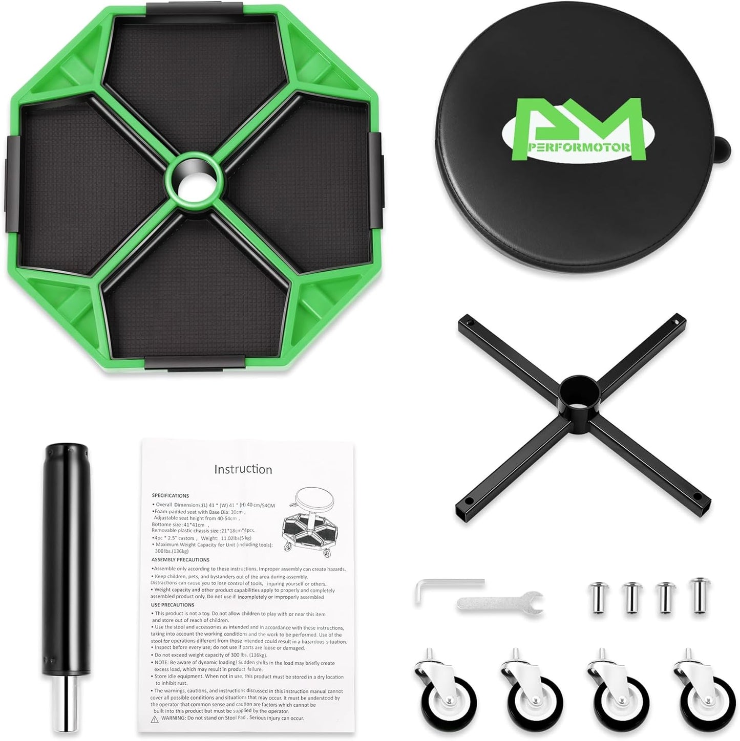 PM PERFORMOTOR Adjustable Height Pneumatic Garage Seat Rolling Mechanic Stool with Tool Tray Storage,300lbs Max Weight Capacity, Green,PM-TOL-ATS-GR