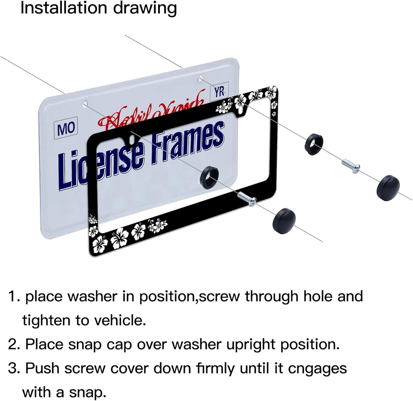 Stainless Steel Hibiscus Flower License Plate Frame Hibiscus License Plate Holder， Tropical Floral Car License Plate Covers Accessory tag Frame with Screws for Women 12.3" X 6.3"