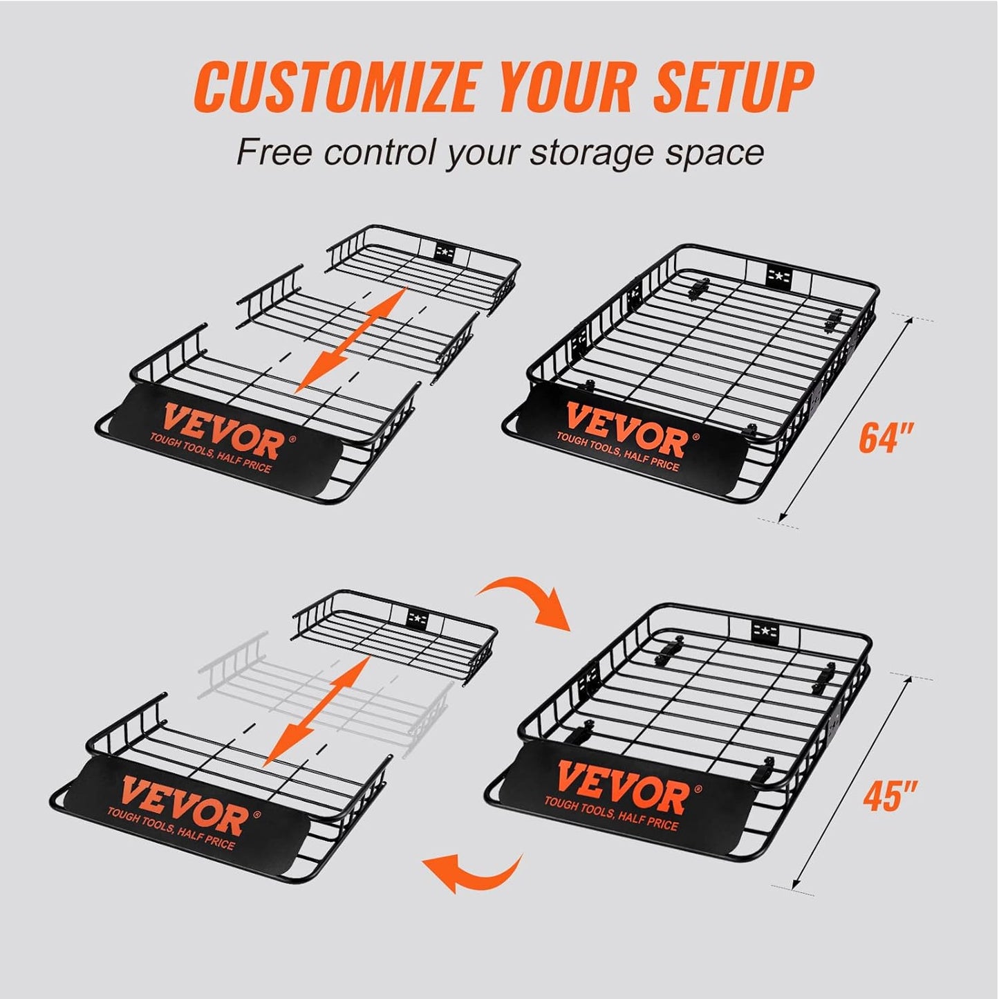 VEVOR Roof Rack Cargo Basket, 64" x 39" x 6" Rooftop Cargo Carrier with Extension, Heavy-Duty Steel 200 LBS Capacity Universal Roof Rack Basket, Luggage Holder for SUV, Truck