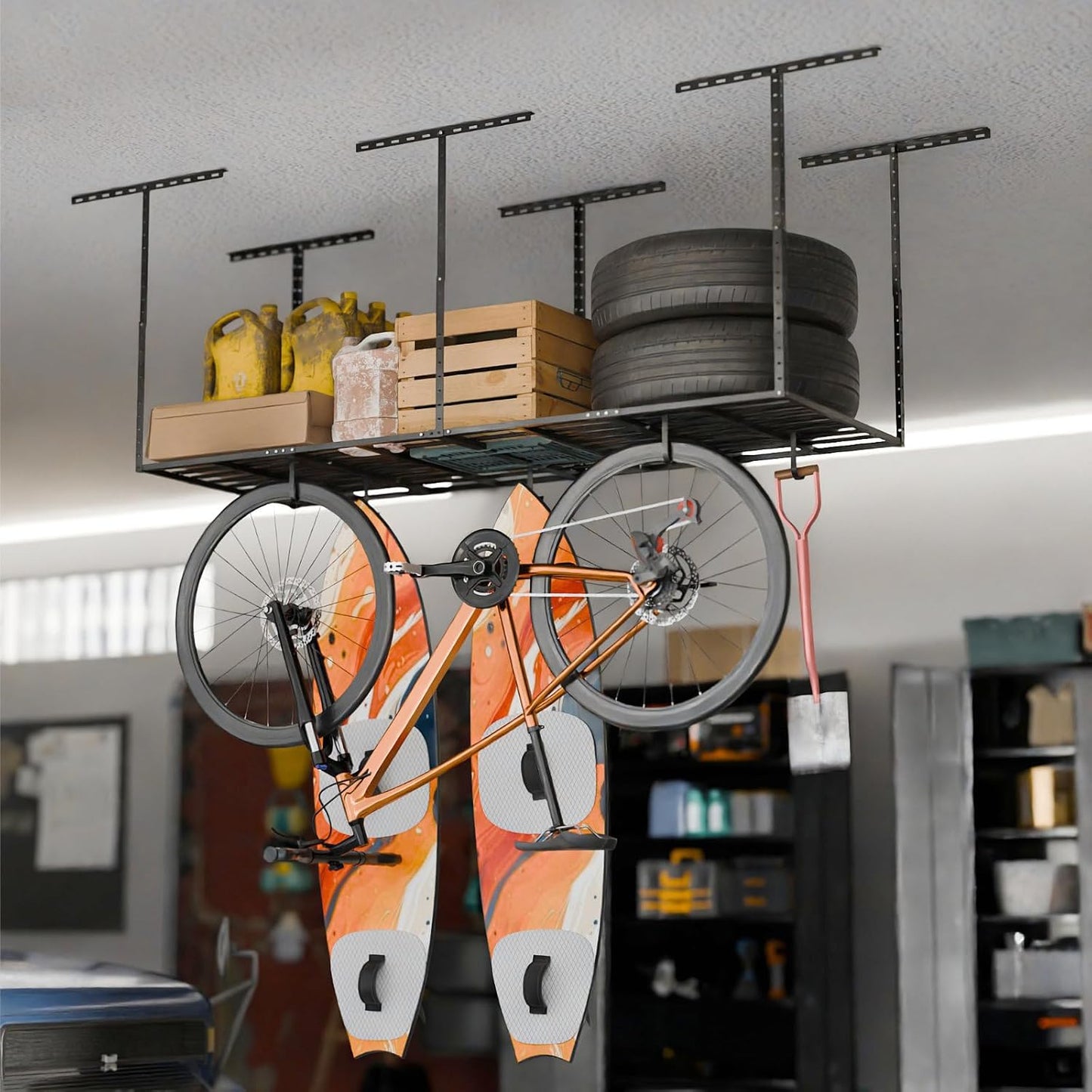 SunsGrove Heavy-Duty 4-Pack Overhead Garage Ceiling Storage Hooks, Add-On Storage Rail Hook Accessory for Hanging Bikes and More, Supports Up to 66lbs