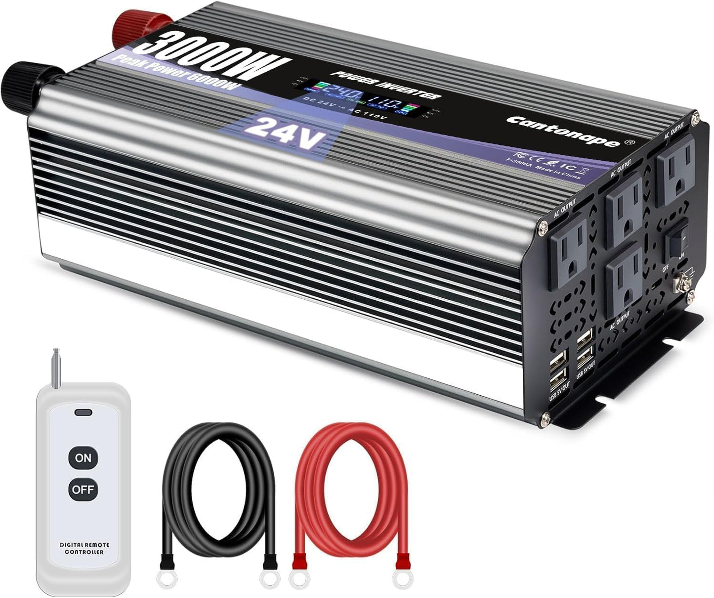3000W Power Inverter 24V to 110V/120V DC to AC with LCD Display, Remote Controller and 4 x AC Outlets Car Adapter for Car Truck Boat RV Off Grid Solar System