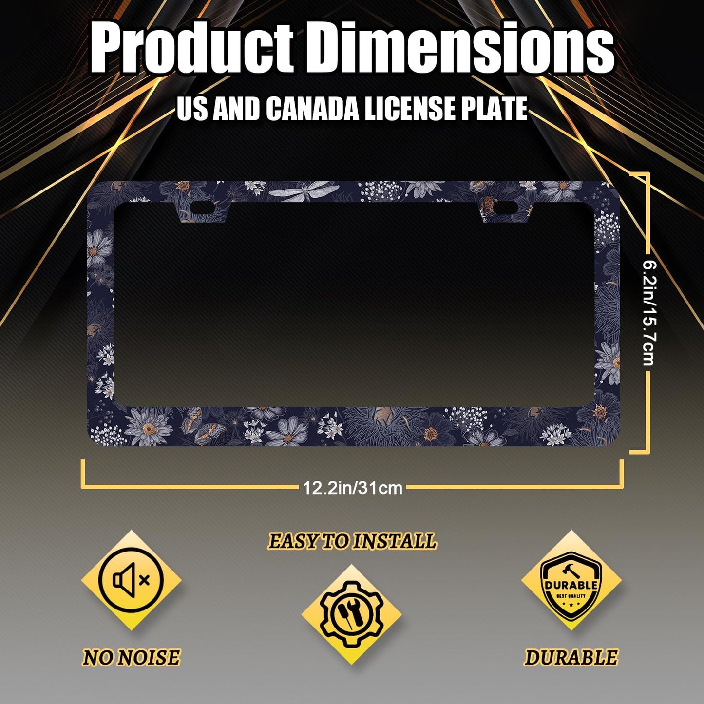 Blue Folk Art Flowers License Plate Frame Colorful Floral License Plate Holder Stainless Steel Funny Design with 2 Holes and Screws 12.3" x 6.3"