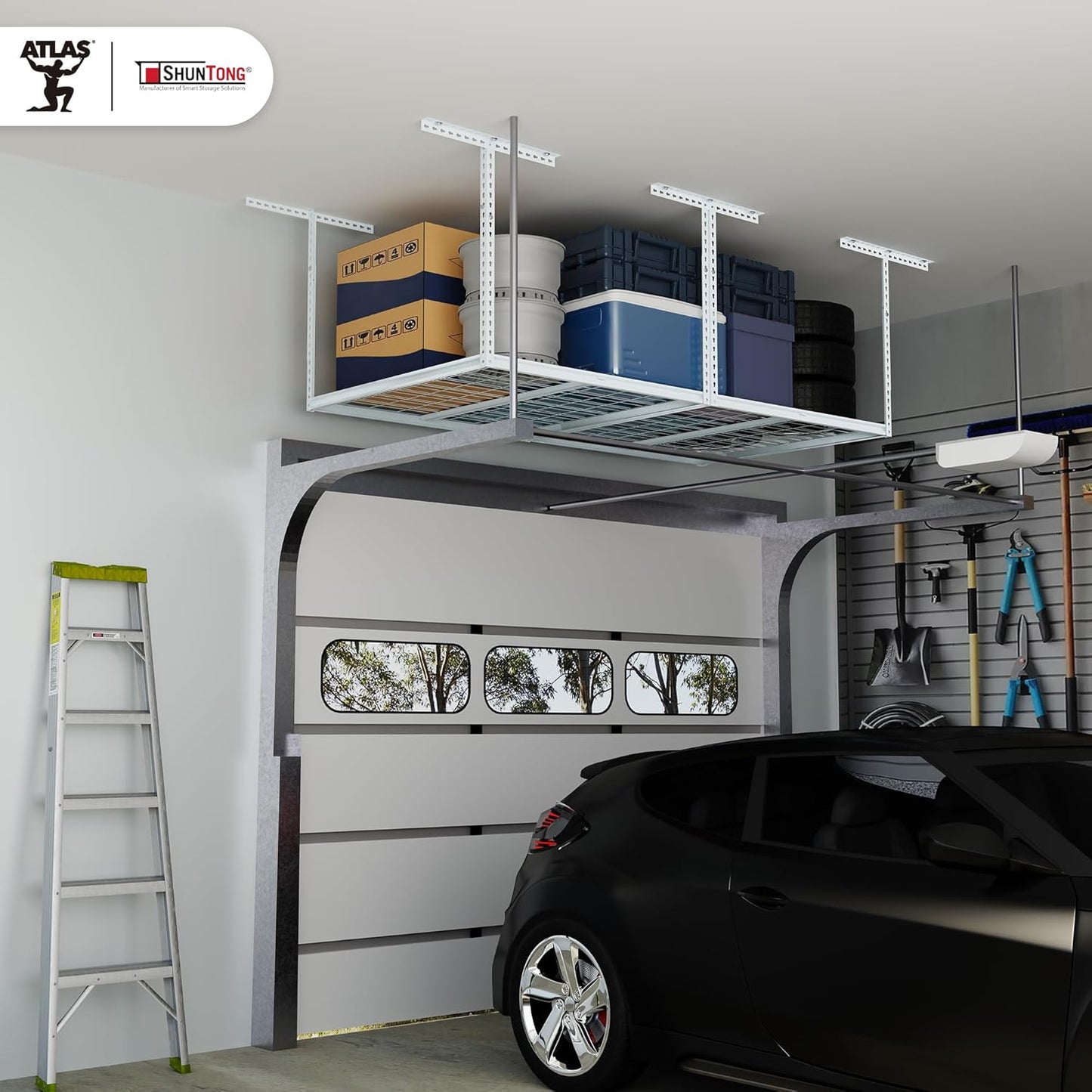The Atlas Pro 4 x 8 ft Overhead Garage Storage Rack, Ultra Duty 1250lbs Weight Capacity, Adjustable Height 26"-48", White