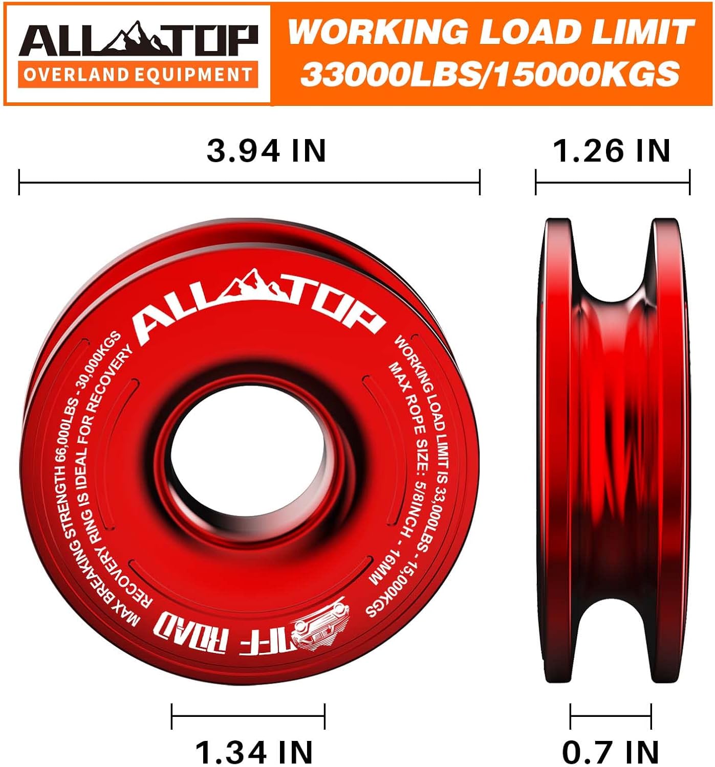 ALL-TOP Recovery Ring 66000 LBS Winch Snatch Towing Ring, Tackle Pulley System, Rope Retention Safety Strap Included, Red
