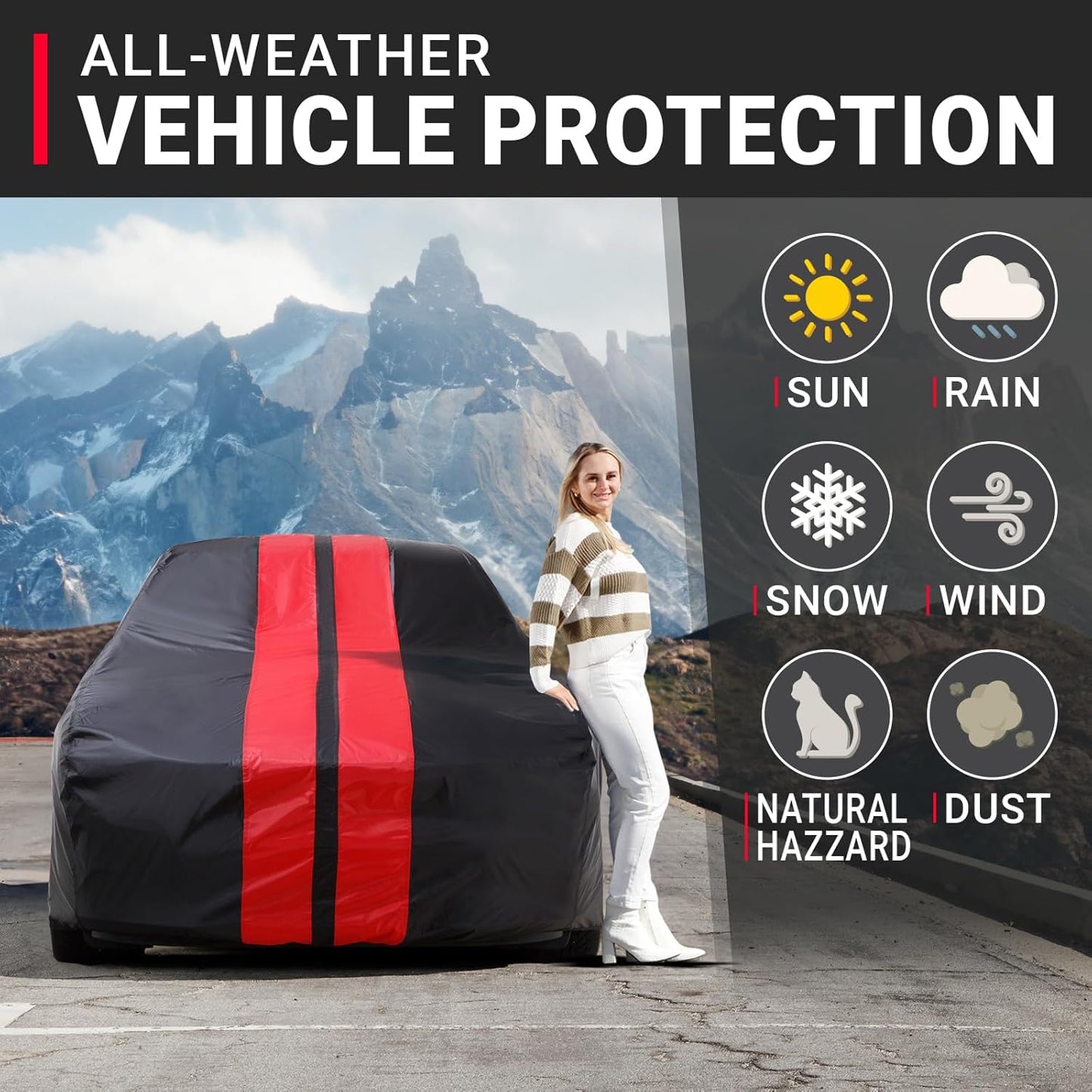 iCarCover Custom Car Cover for Buick Special (1964-1969) Waterproof All-Weather Rain Snow UV Sun Protector Full Exterior Indoor Outdoor Car Cover (Stripe - Black/Red)