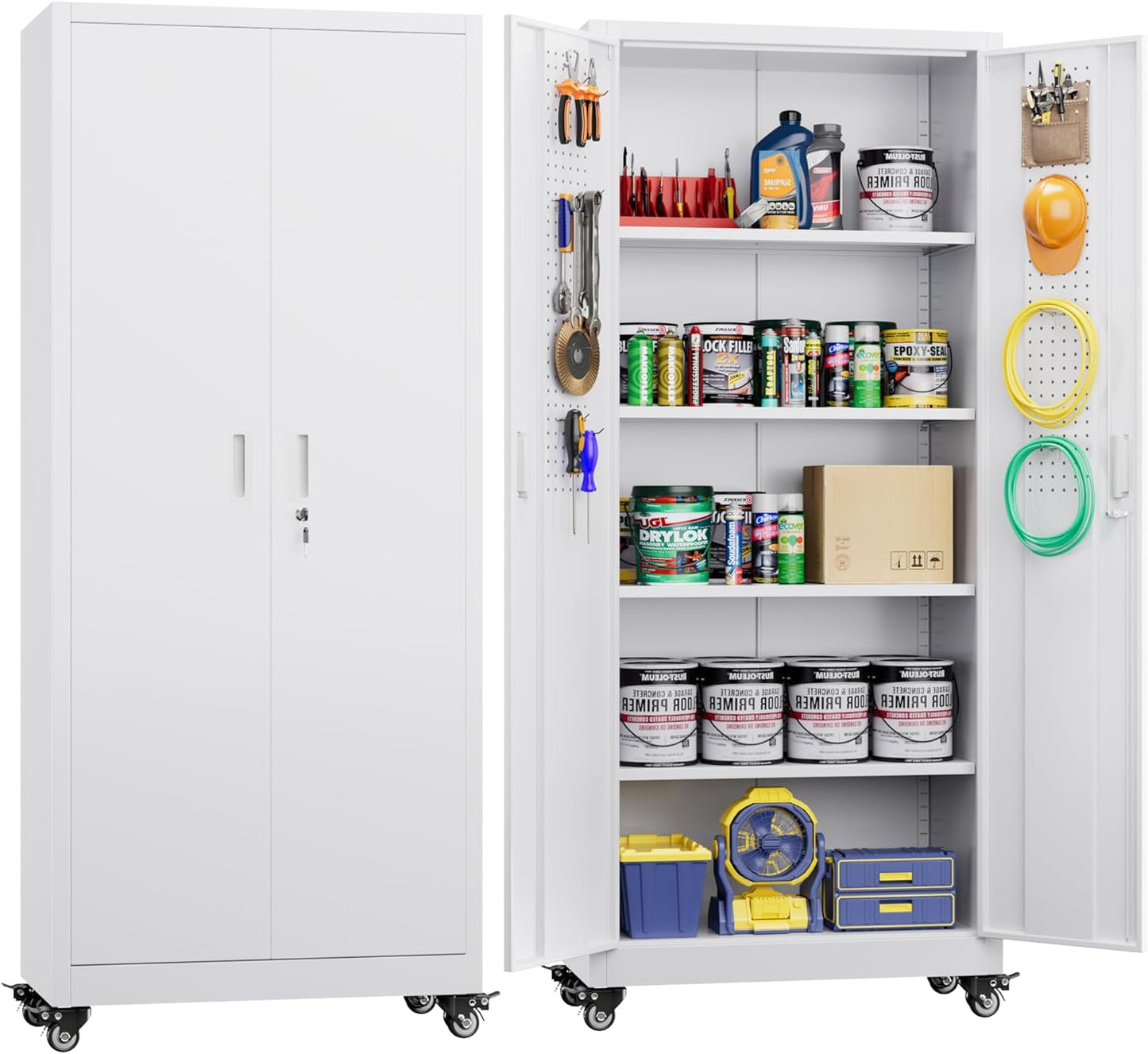 Garage Storage Cabinet with with Pegboard and Wheels,73" Metal Lockable File Cabinet with 2 Doors and 4 Adjustable Shelves,Tool Storage,Home Office Garage,Gym,School (White)