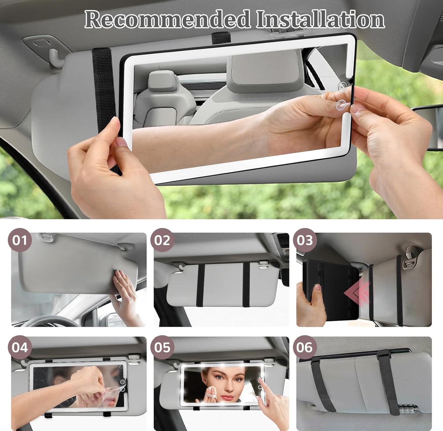 Car Sun Visor Vanity Mirror,Rechargeable Led Makeup Mirror with 3 Light Modes,Dimming Lights,Black