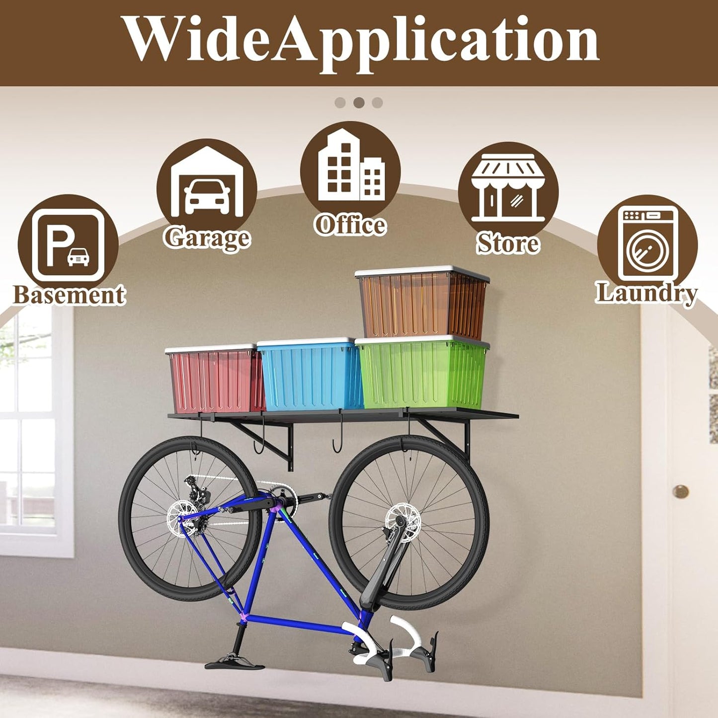 PEKGRIL Garage Wall Shelving Set of 2, 2X4 ft, Black, Contemporary Style, Heavy Duty, 2 Shelves, 8 Hooks, 260 lbs Capacity Each, Wall-Mounted, Metal, Alloy Steel, 2 Count