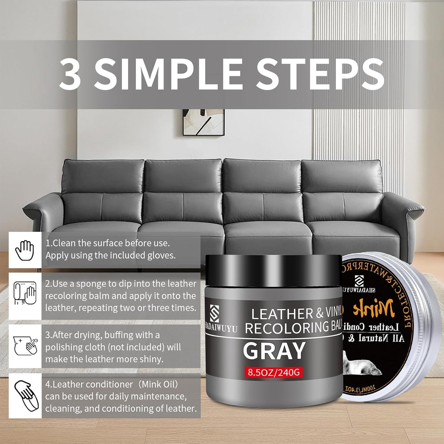 8.5oz Leather Recoloring Balm with 100ml Mink Oil,Gray Leather Repair kit for Furniture and Car Interior,Leather Couch Scratch Repair,Leather Dye Paint,Mink Oil for Leather