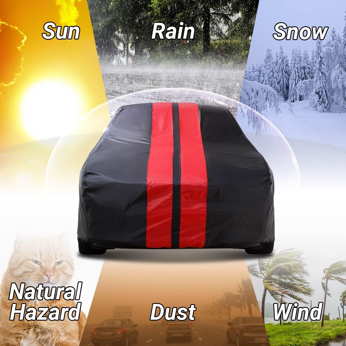 iCarCover Custom Car Cover for 1964-1968 Ford Mustang Waterproof All Weather Rain Snow UV Sun Protector Full Exterior Indoor Outdoor Car Cover (Stripe - Black/Red)