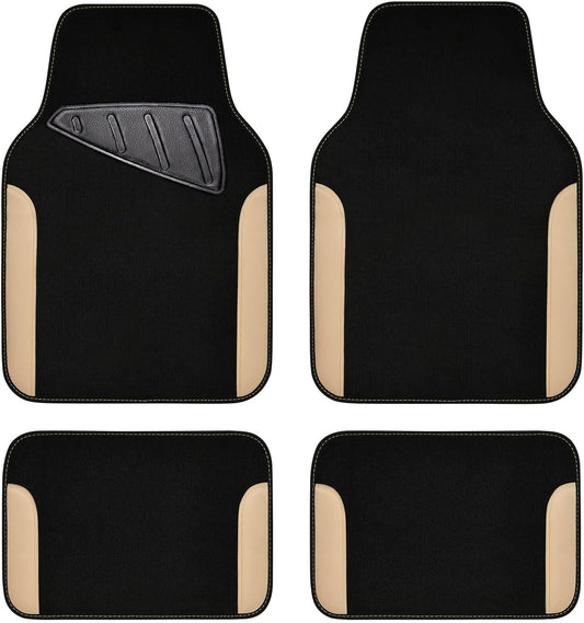 CAR PASS Waterproof Car Floor Mat, Universal Fit Car Mats with Driver Heel Pad, Leather Car Carpet, Anti-Slip Nibbed Backing Floor Mats for SUV, Vans,Sedan,Truck, Automotive Floor Mats (Black Beige)