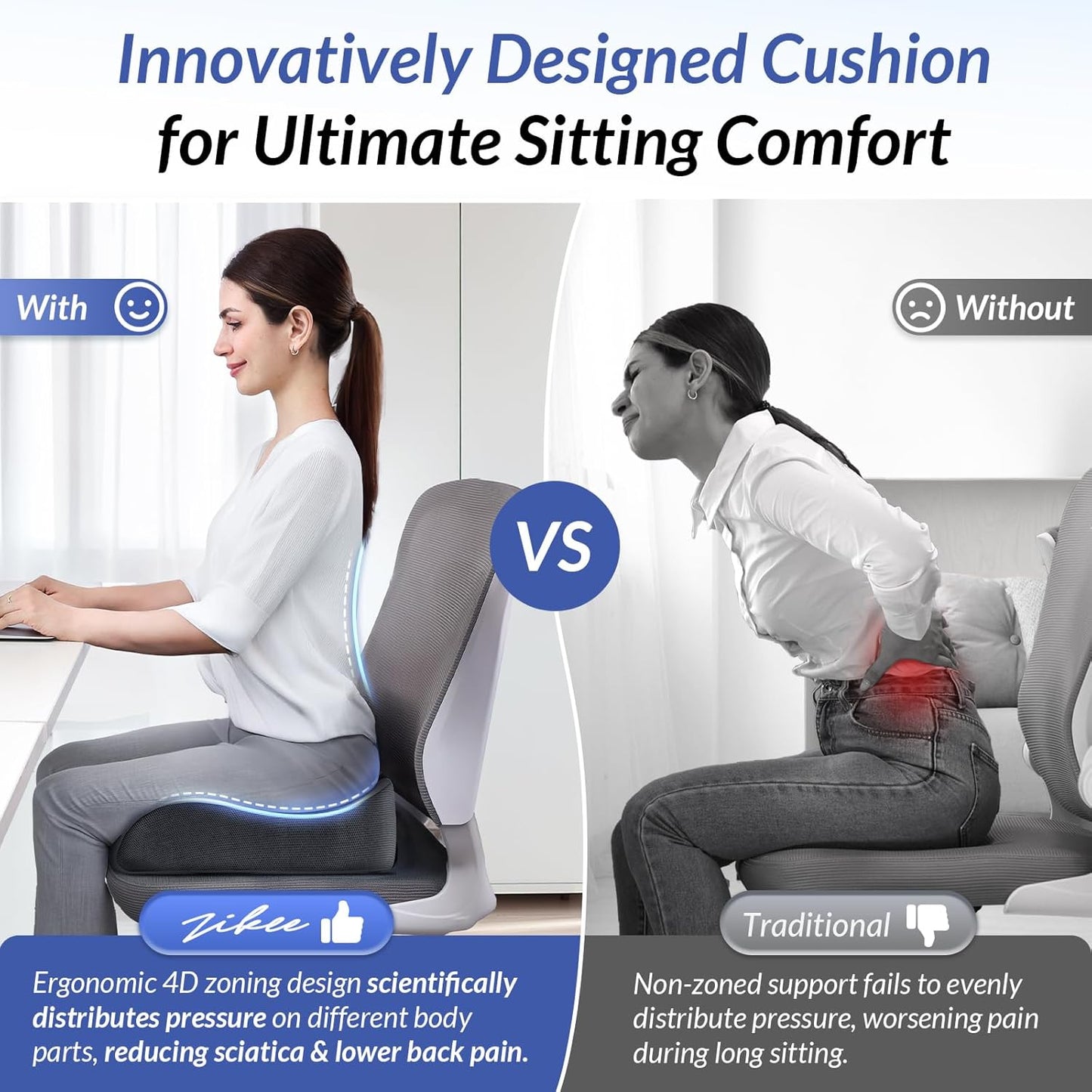ZIKEE Gel Seat Cushion for Office Chair and Car Seat with Ergonomic Zoning, Memory Foam Chair Cushion for Sciatica, Lower Back, Tailbone Pain Relief and Intimate Ventilation, Non-Slip & Airy Cover