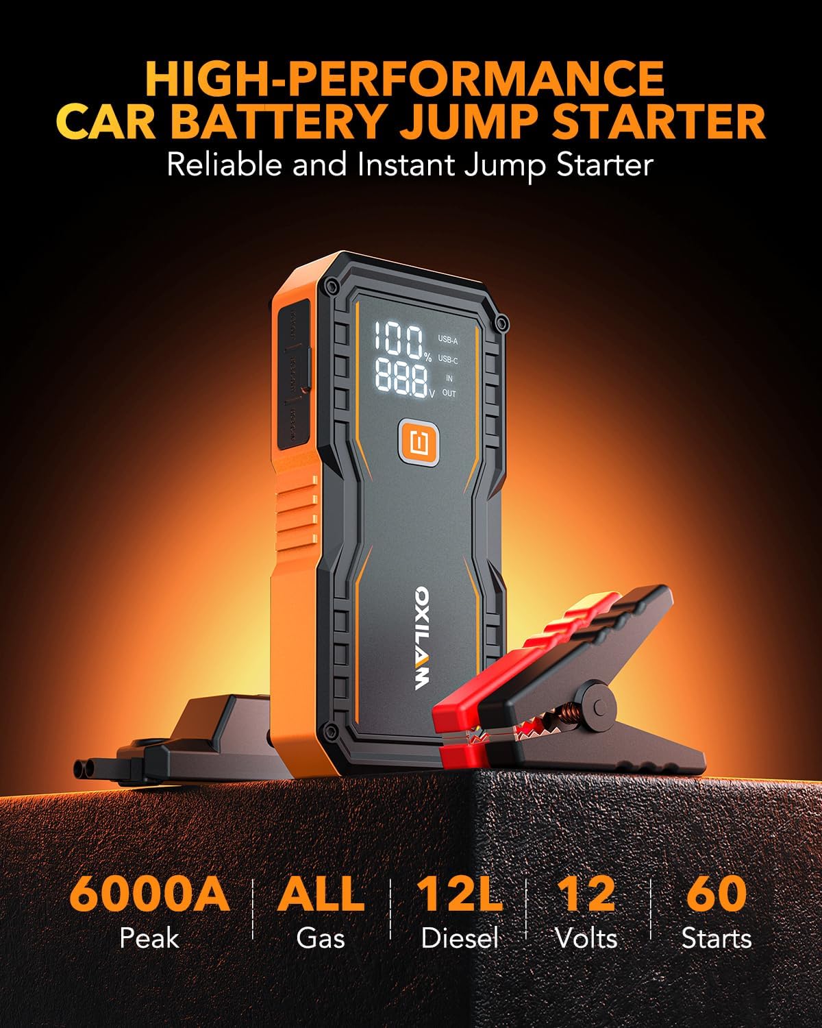 OXILAM Jump Starter 6000A for All Gas/12L Diesel, Car Battery Jumper Starter Portable, 12V Lithium Jump Box with Jumper Cables, LED Display, LED Light, Power Bank with USB, Type C Port