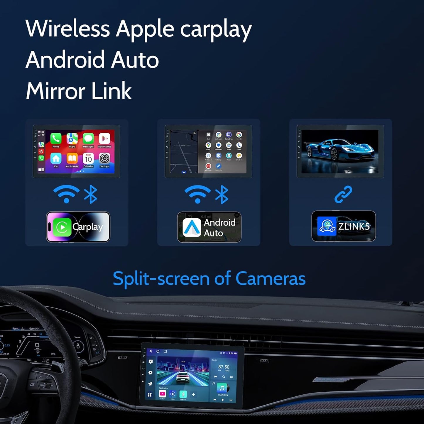 Single din Car Stereo,Rotatable Carplay Screen with 1080P Rear Camera,Wireless CarPlay & Android Auto Touch Screen,Mirror Link|Bluetooth|Music Play|AUX|FM,10.1" Wireless Single Din Car Radio