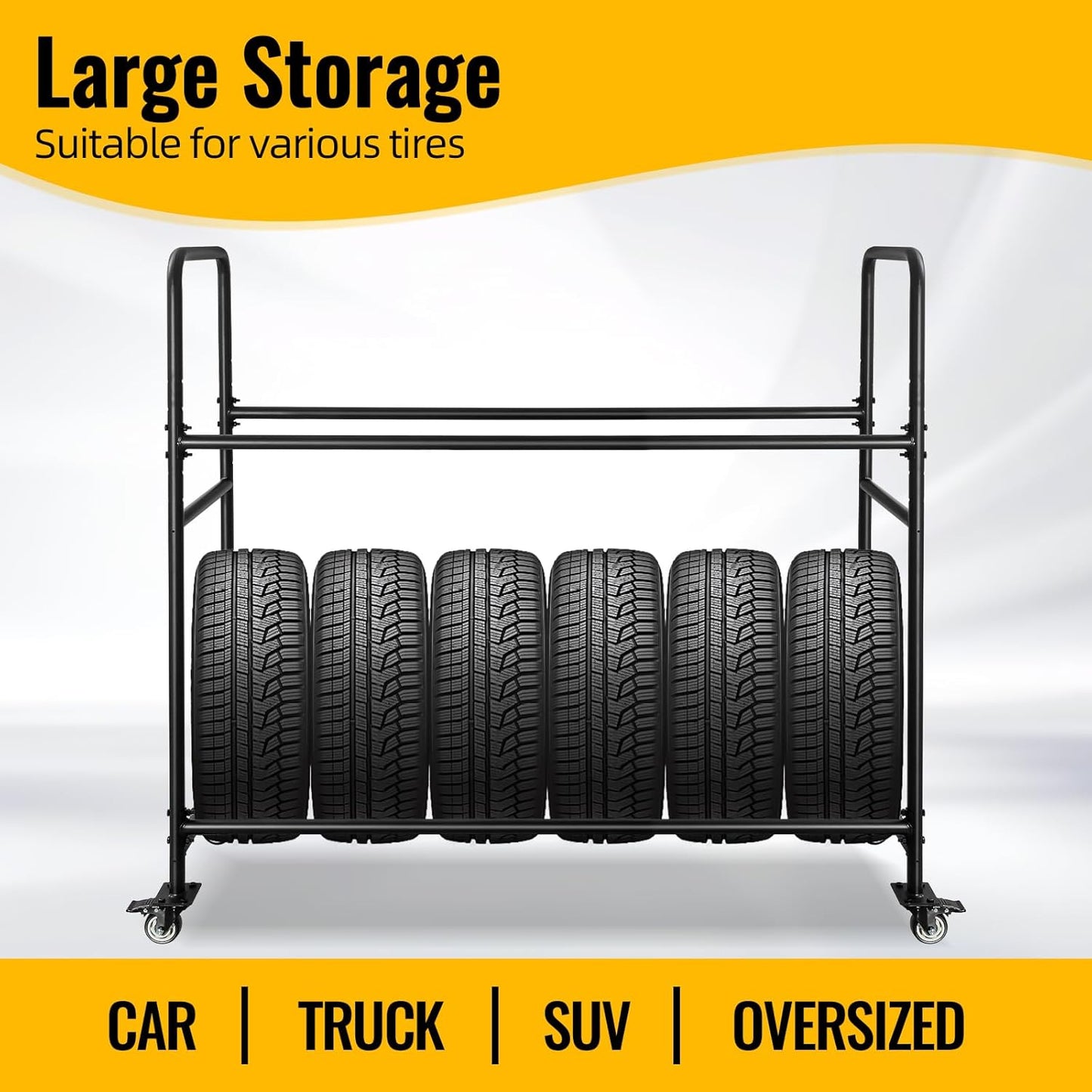 Tire Rack, Adjustable Height Metal Rolling Storage Rack 60" x 59" x 21" for Garage, Warehouse, Indoor Outdoor Use, Holds Firewood & Tires