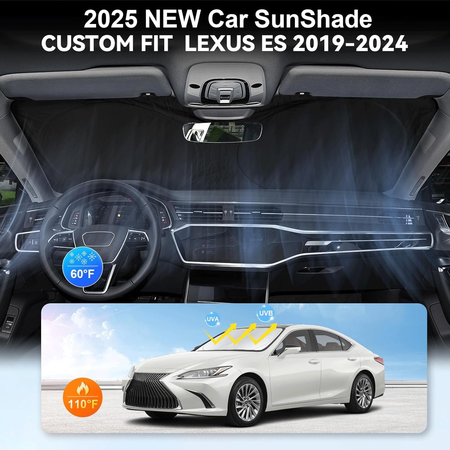 Sunshade for Lexus ES 2019-2024 2025 ES250 ES300h ES350 Sedan Sun Shade Windshield Cover Front Window Shield 210T Reflective Sun Visor Protector Blocks 99% UV Rays Car Accessories