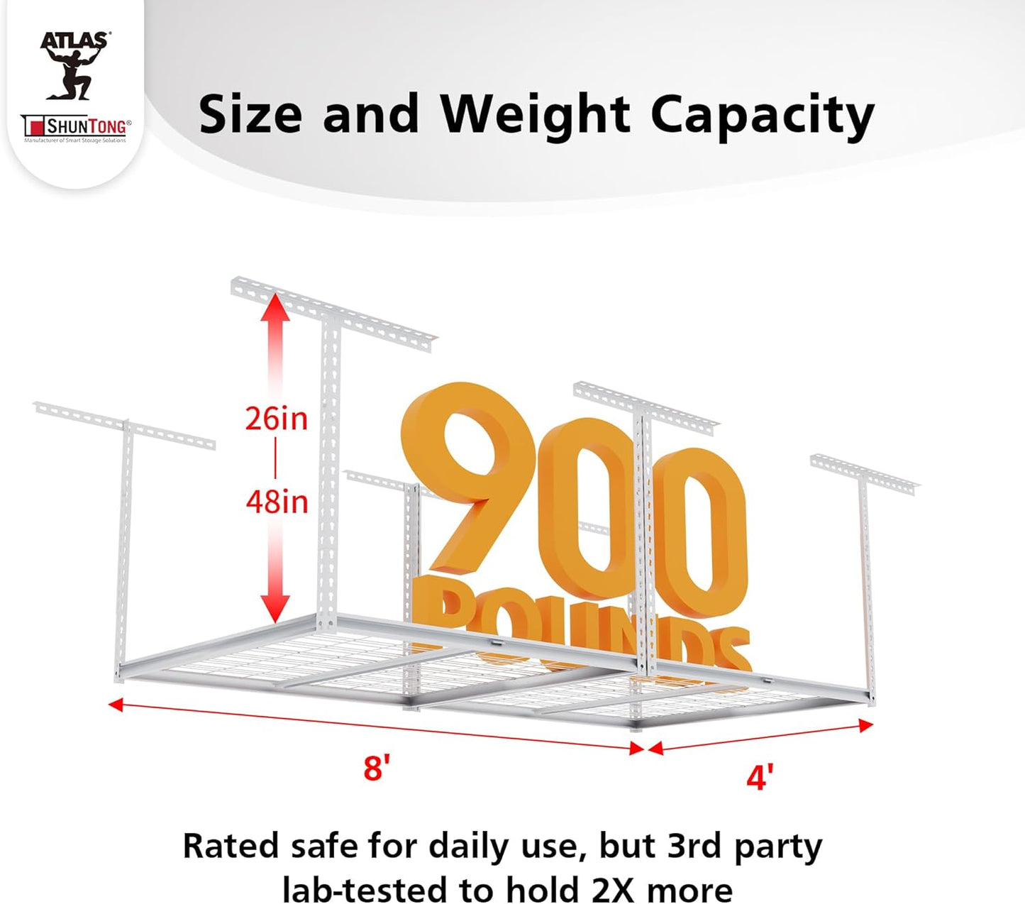 The Atlas 4 x 8 ft Adjustable Height Overhead Garage Storage Rack 900 lbs Heavy Duty Capacity White