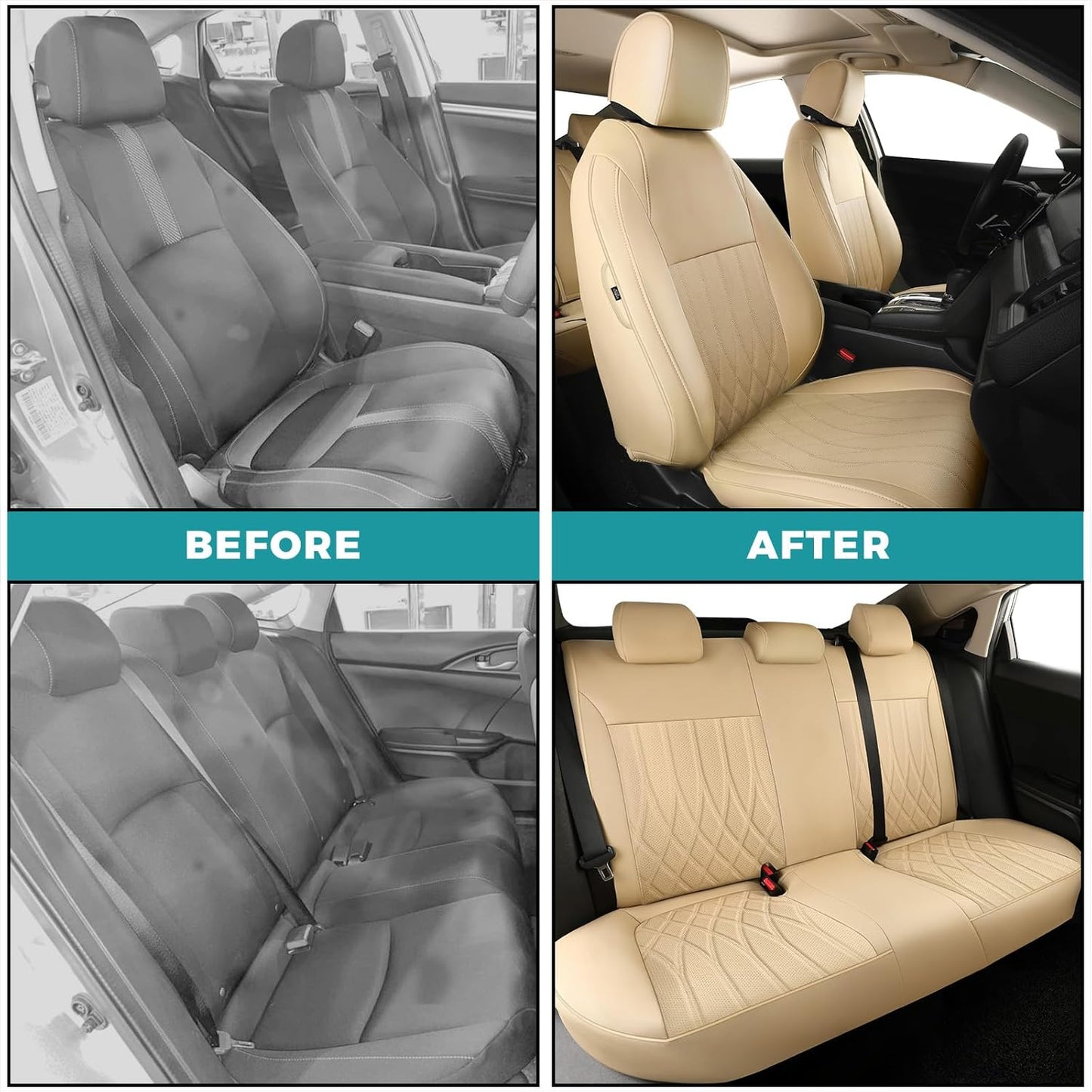 Seat Covers for Honda Civic Sedan 4DR Sedan LX 2022 2023 2024 2025, Leather Car Seats Cover Full Set,(Rear Row Solid Folding Backrest)-Beige