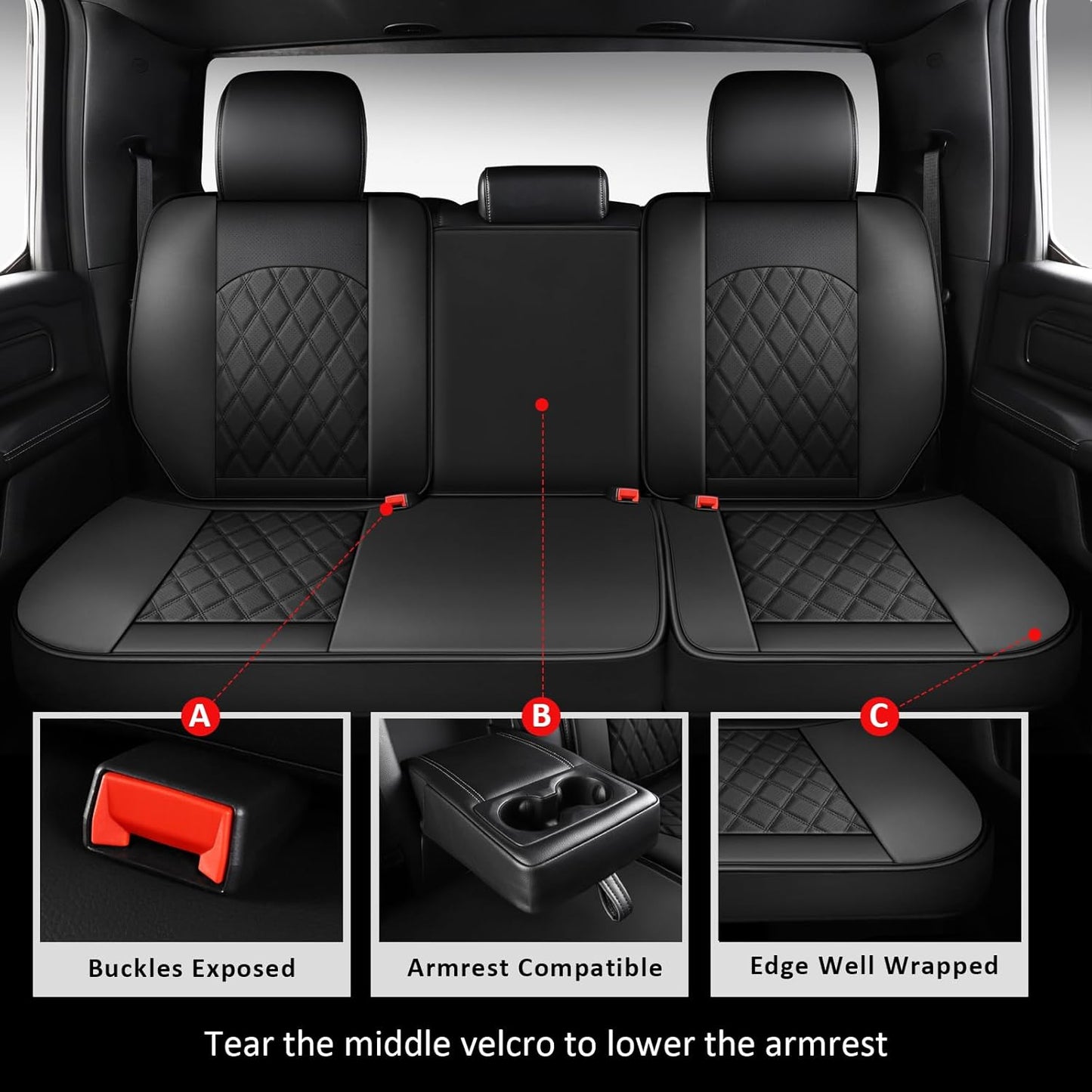 MIROZO Dodge Ram Seat Covers Full Set,5PCS Car Seat Cover Waterproof Fits for 2009-2025 Ram 1500 2500 3500 Crew Quad Regular Cab Pickup Cushions with Split Bench 40/60(Black,Full Set Flat Back)