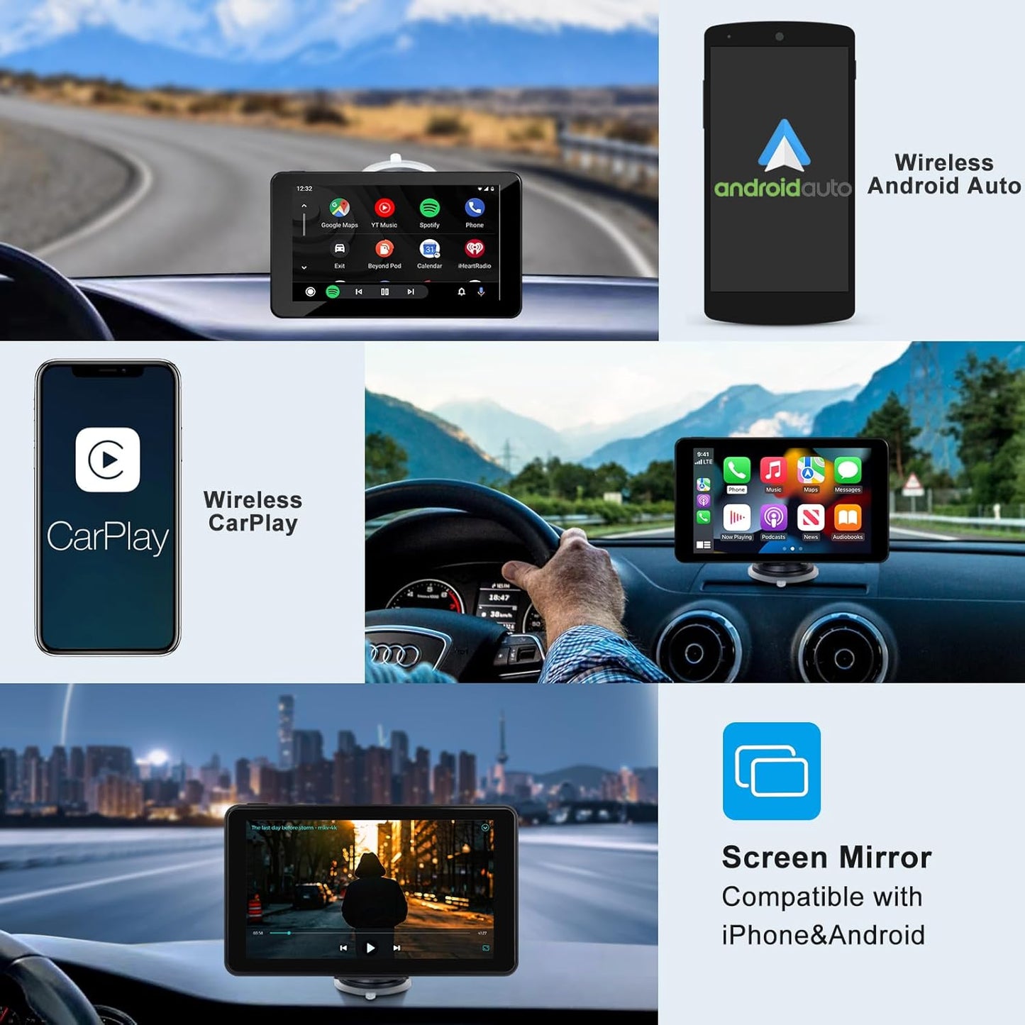 Compatible Wireless Apple CarPlay Android Auto Screen fo Car, 7" HD Backup Camera Portable Stereo Bluetooth Touch Screen, GPS Navigation, Mirror Link, Siri, AirPlay, FM, AUX