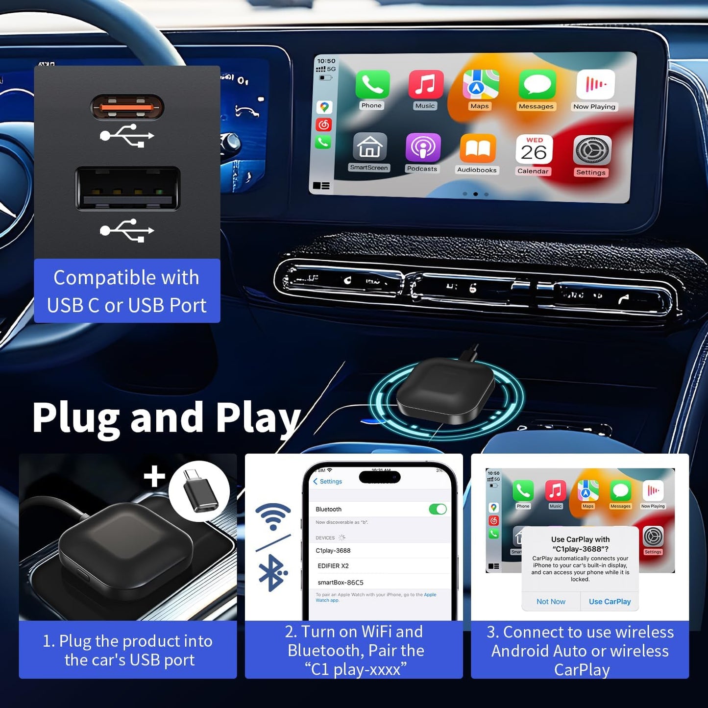 Leadtree 2 in 1 CarPlay Dongle,Convert Wired to Wireless,Wireless CarPlay Adapter&Wireless Android Auto Adapter, Connection Plug & Play Easy Setup Online Update,for Factory Wired Cars After 2016