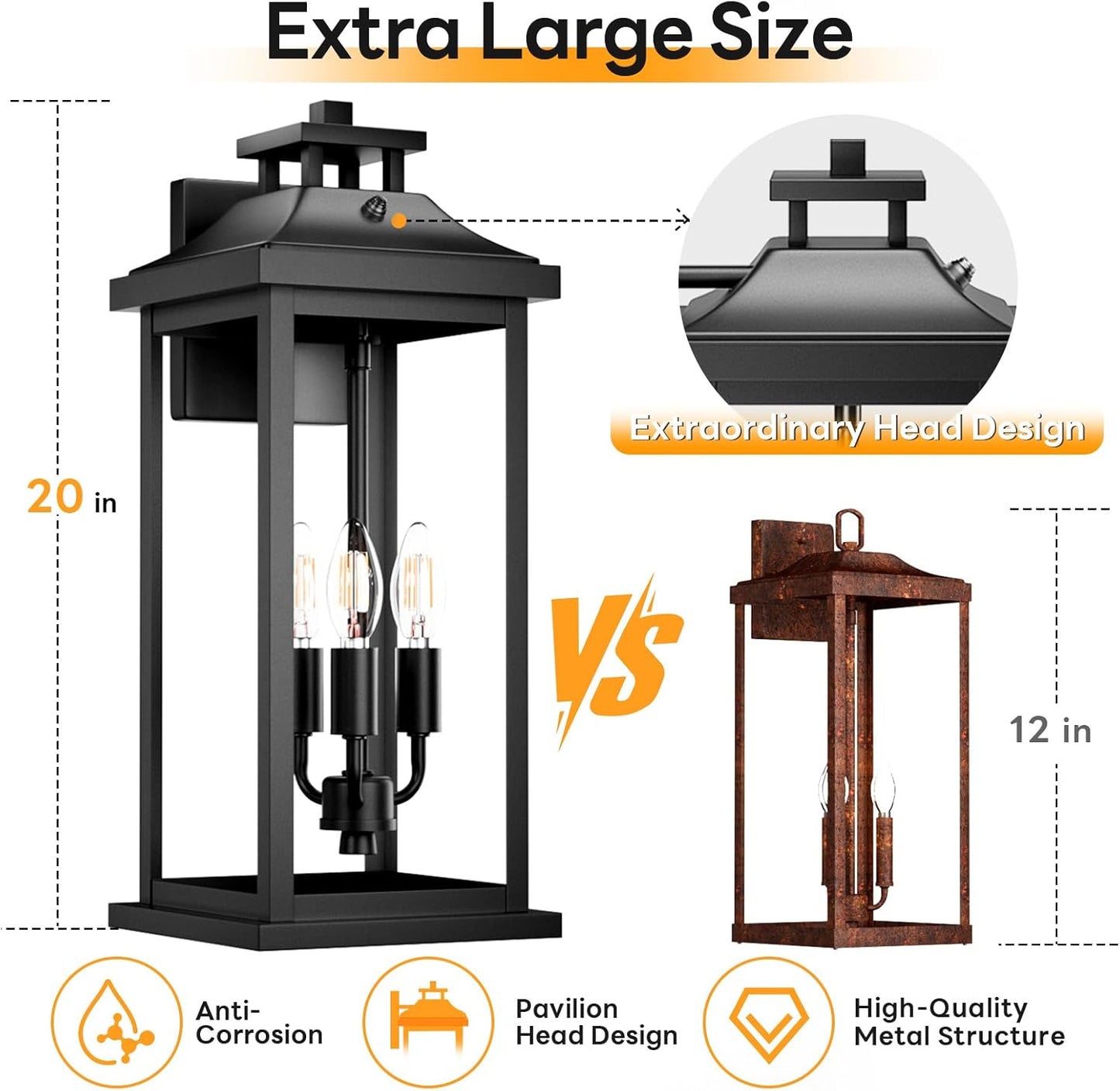 20" Large Dusk to Dawn Outdoor Lights 3-Light, 2 Pack Black Modern Exterior Lighting Fixtures Photocell Sensor Outside Porch Lights Wall Mount, Waterproof Patio Exterior Sconce Lamps E12