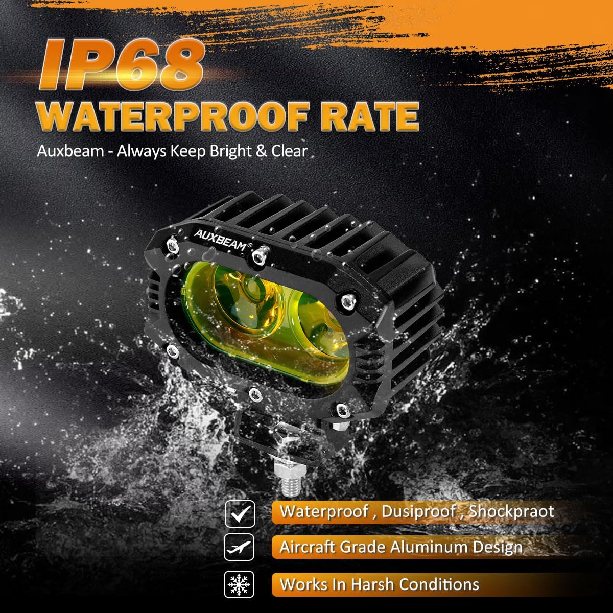 Auxbeam 4 Inch LED Amber Pod Light, 5050 Driving Light 60W Yellow Flood Beam Square Pod Fog Light with DT Wiring Harness for Motorbike SUV ATV Truck Jeep Boat Tractor Forklift (2 Pcs)