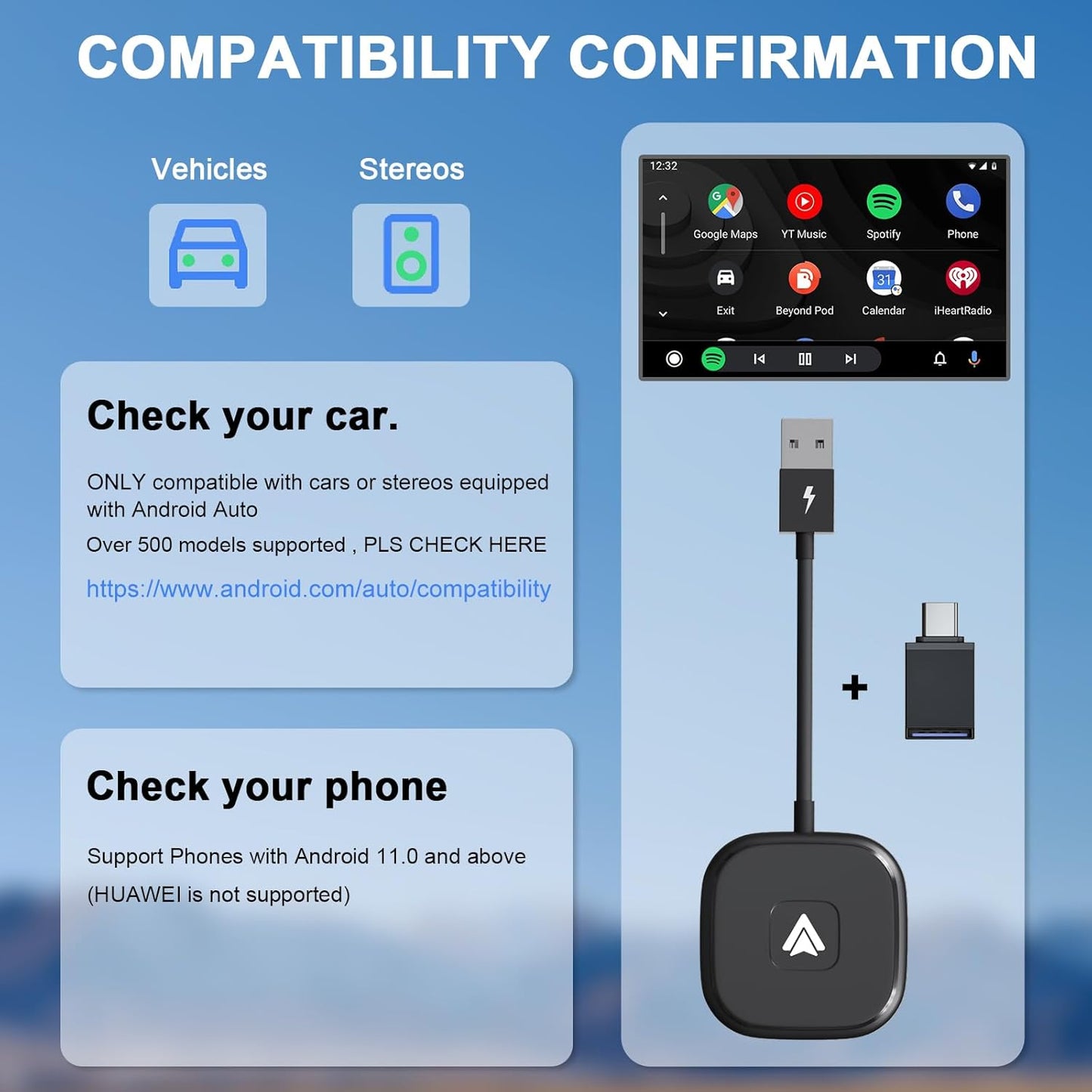 Android Auto Wireless Adapter Plug and Play Car Dongle for Factory Wired Android Auto in All Cars - Low Latency and Easy to Install