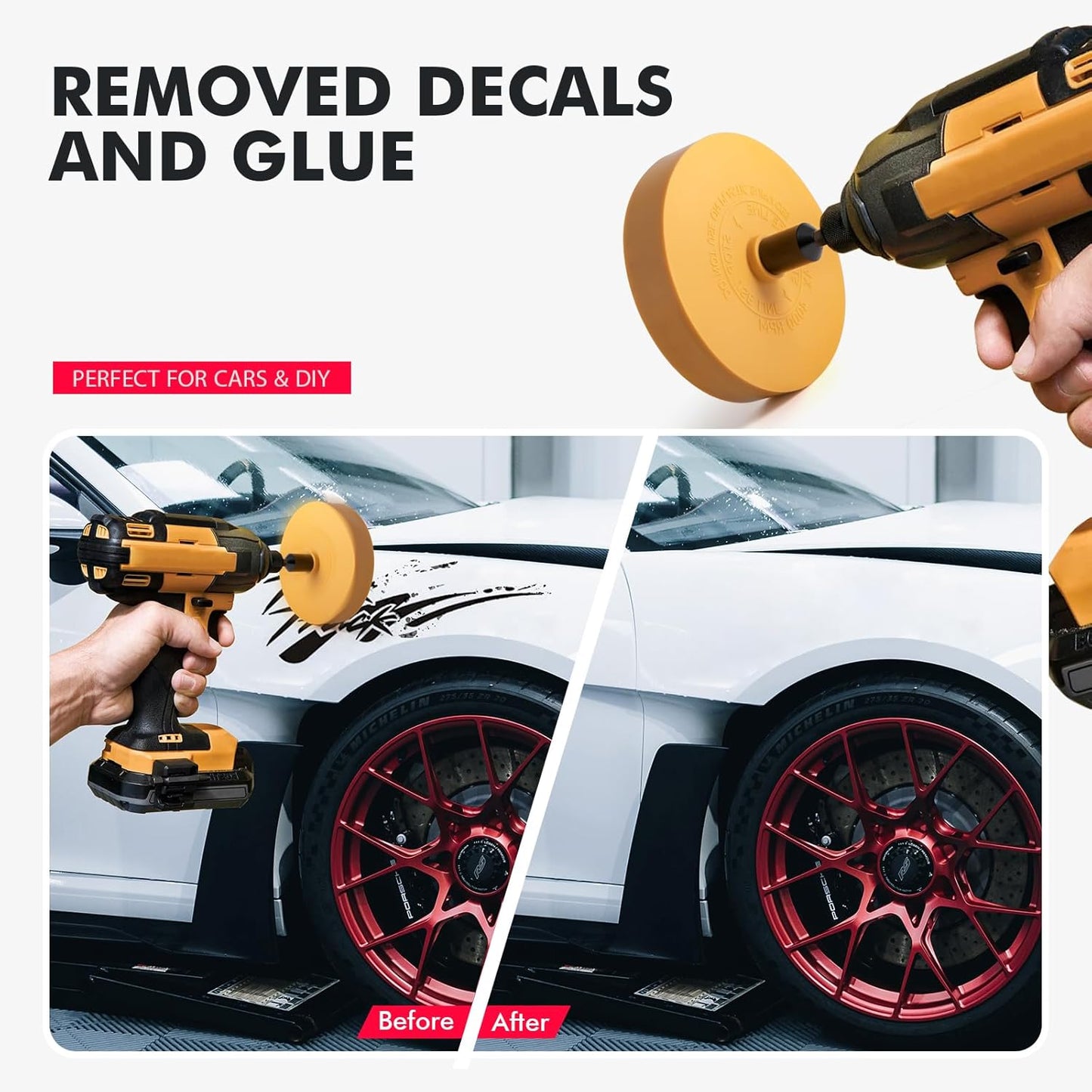 FOSHIO 2 Pack Decal Remover Eraser Wheel with Adapter 4 inch Rubber Eraser Wheel for Drill Removes Car Decal Vinyl Tape Graphics Pinstripe Sticker Adhesive Remover (2 Pack Solid)