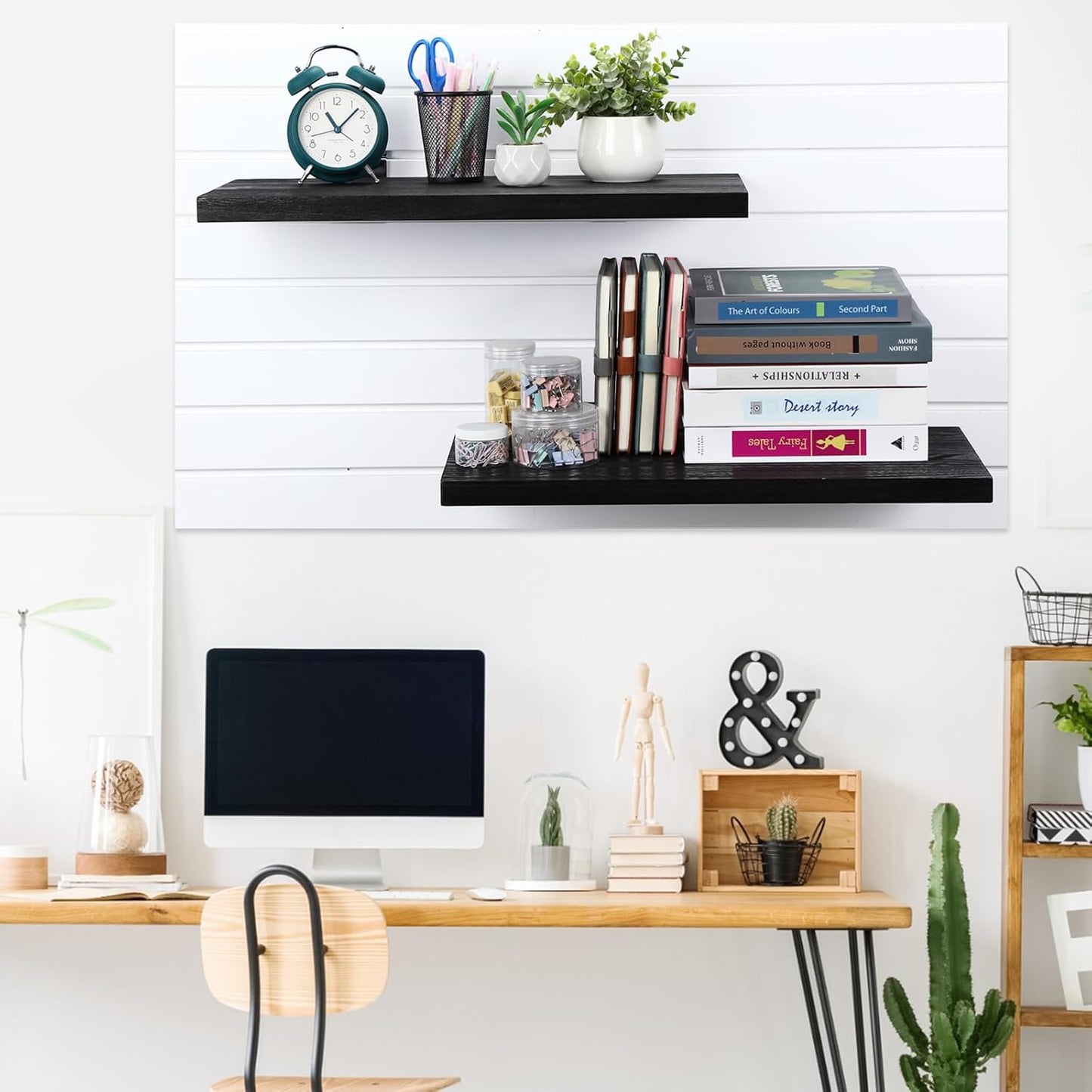 4 Pack Wooden Slatwall Shelf, Black Slatwall Shelves with Metal Hooks Organizer Set Mounted Accessories for Garage Home Workshop Workbench 23.6" x 11.8" x 1.1"