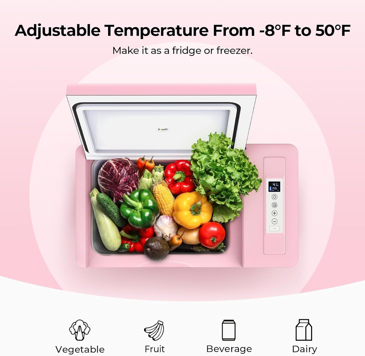 BougeRV Pink 23Quart Portable Refrigerator, 12 Volt Fridge 22L, Portable Freezer Compressor Cooler 12/24V DC 110~240 Volt AC for Truck Van RV Camper -8℉~50℉