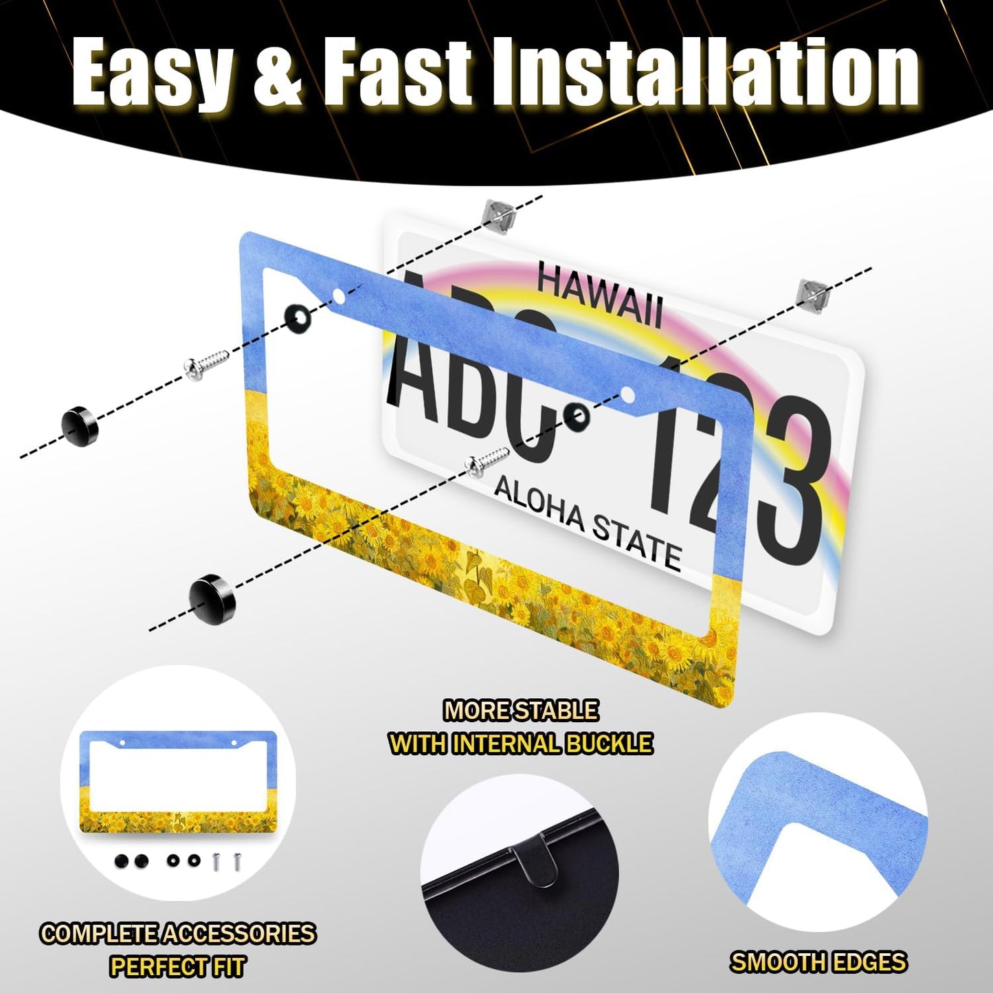 Sunflowers License Plate Frame Watercolor Yellow Floral License Plate Holder Colorful Stainless Steel Flowers Car Accessory Funny License Plate Decoration Size 12.2"x 6.2" with Screws