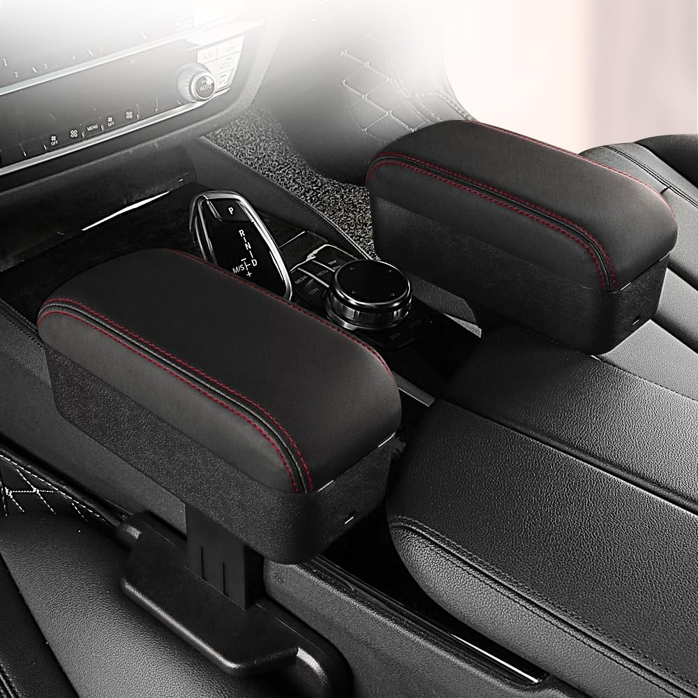 JEYODA Car Armrest Box with Cup Holder Car Central Liftable Armres Storage Organizer Box Arm Rest，Car Seat Gap Filler Organizer (Black red line)