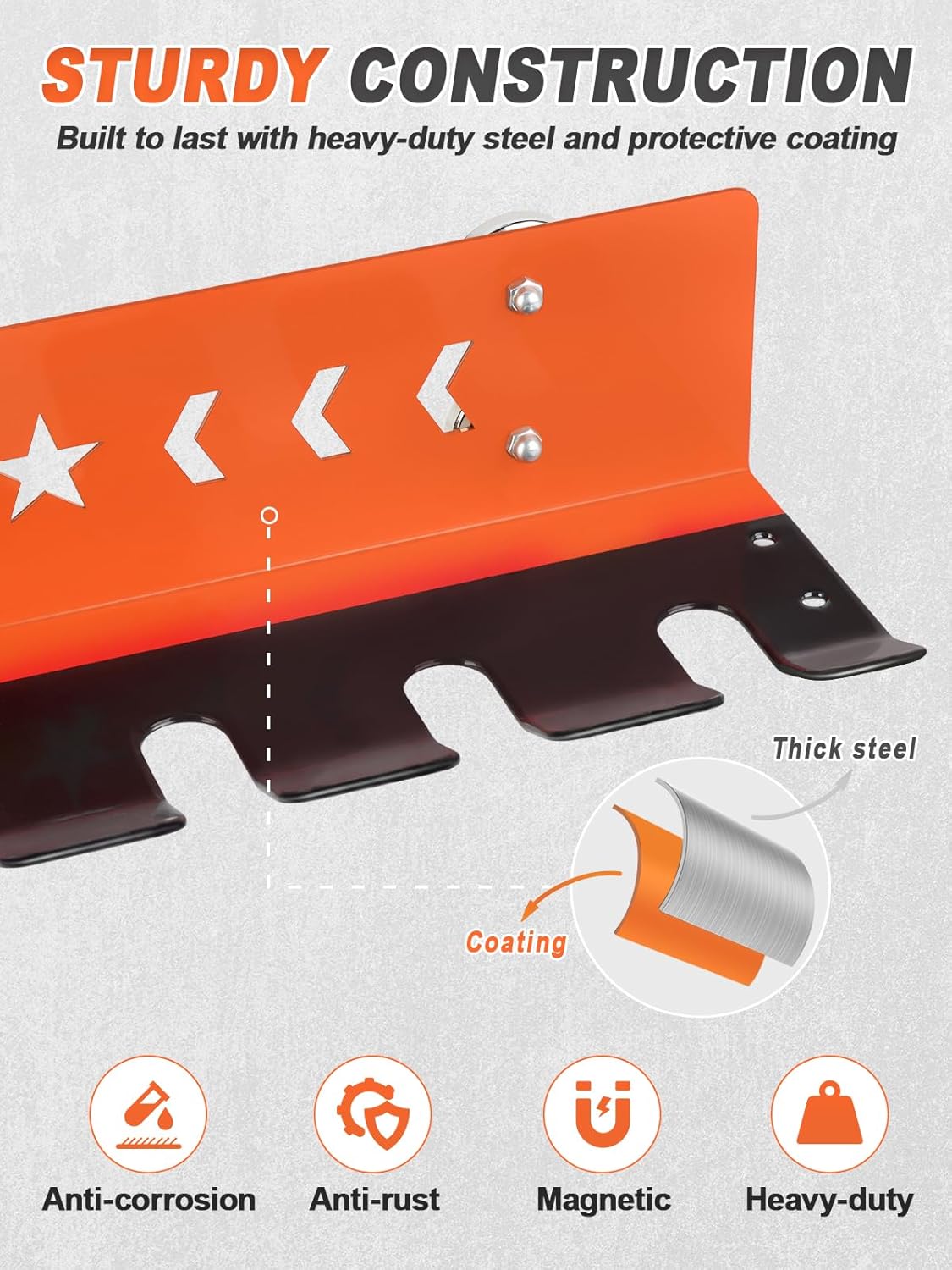 Paint Spray Gun Rack for Magnetic or Wall Mount, Holds 7 Gravity Feed Guns or 4 with Cups, Heavy-Duty Steel Paint Organizer with S-Hooks for Garage, Body Shop or Workshop, Orange