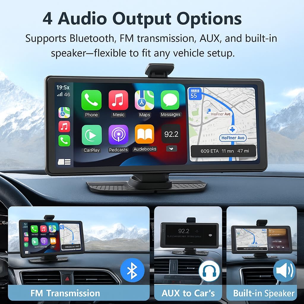 Portable Apple CarPlay & Android Auto – 10.26" Wireless Car Stereo, 4K Dash Cam, 1080P Backup Camera, Voice Control, GPS Navigation, Bluetooth, Mirror Link, Portable Touchscreen Display