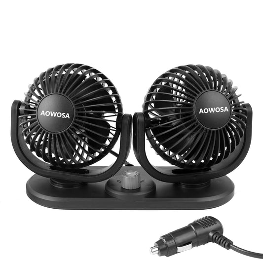 12V Car Fans Cooling Air Fan Powerful Dashboard Electric Dual Car Fan Cigarette Lighter Low Noise 360 Degree Rotatable for Truck Vehicle Boat Van SUV RV