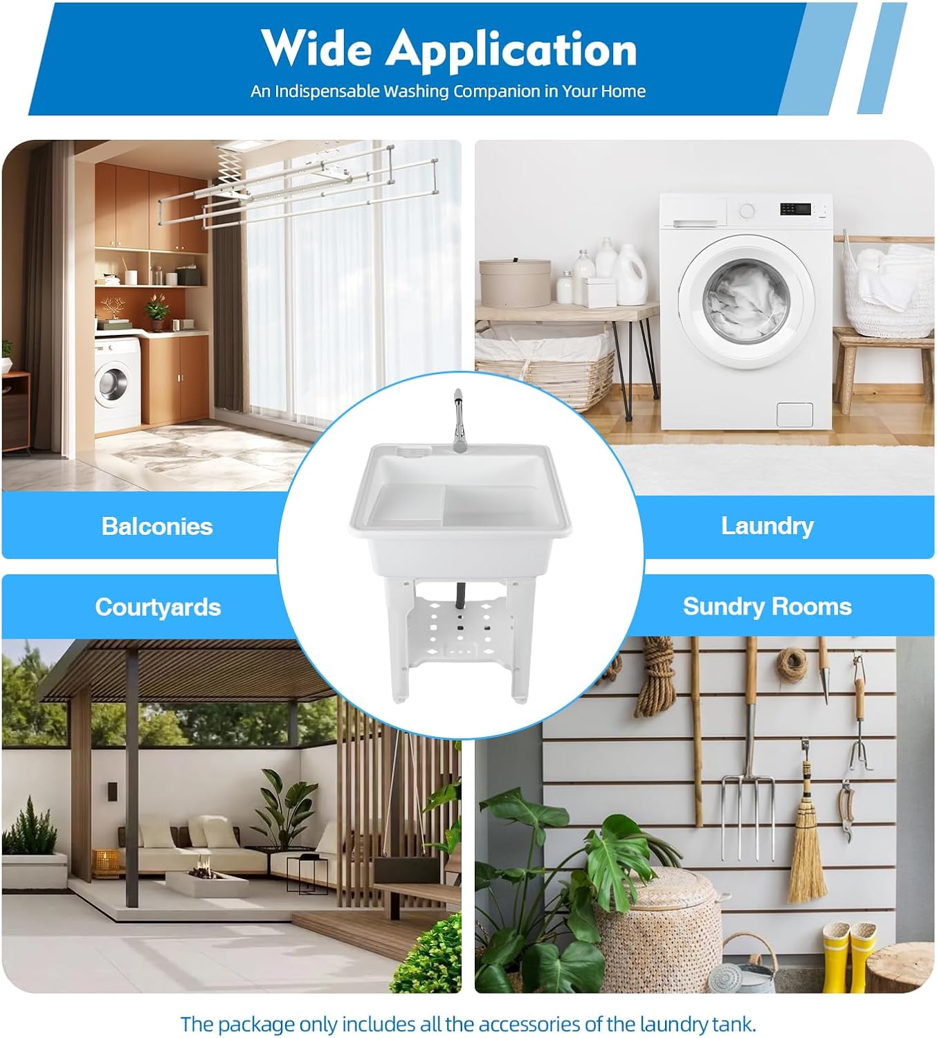 Freestanding Utility Sink Plastic Laundry Sink Spacious Laundry Tub Sink with Storage Shelf Indoor Outdoor Slop Sink Wash Station for Bathroom Laundry Washing Room (White, 25.6*21.65*31.5in)