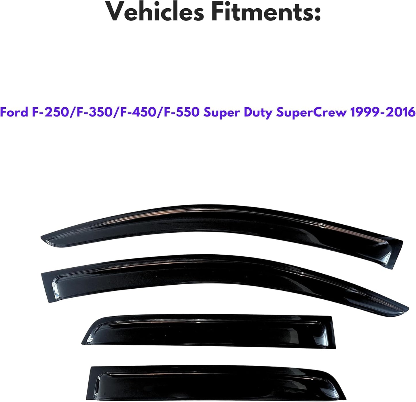 KPY Window Visor Compatible with 1999-2016 Ford F250 F350 F450 F550 Super Duty SuperCrew, Rain Guard Side Window Vent Deflectors Tape-On Style, 2009 2010 2011 2012 2013 2014 2015 (SuperCrew Only)