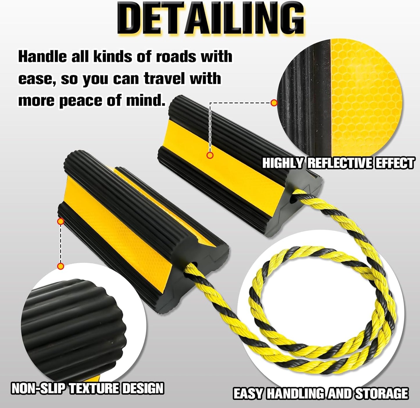 Heavy-Duty Wheel Chocks with Extra-Long Safety Rope (86") - 2-Pack Reflective Rubber Blocks for Trailers, Trucks, Campers & Garage Use (1pair/2pack with Rope)