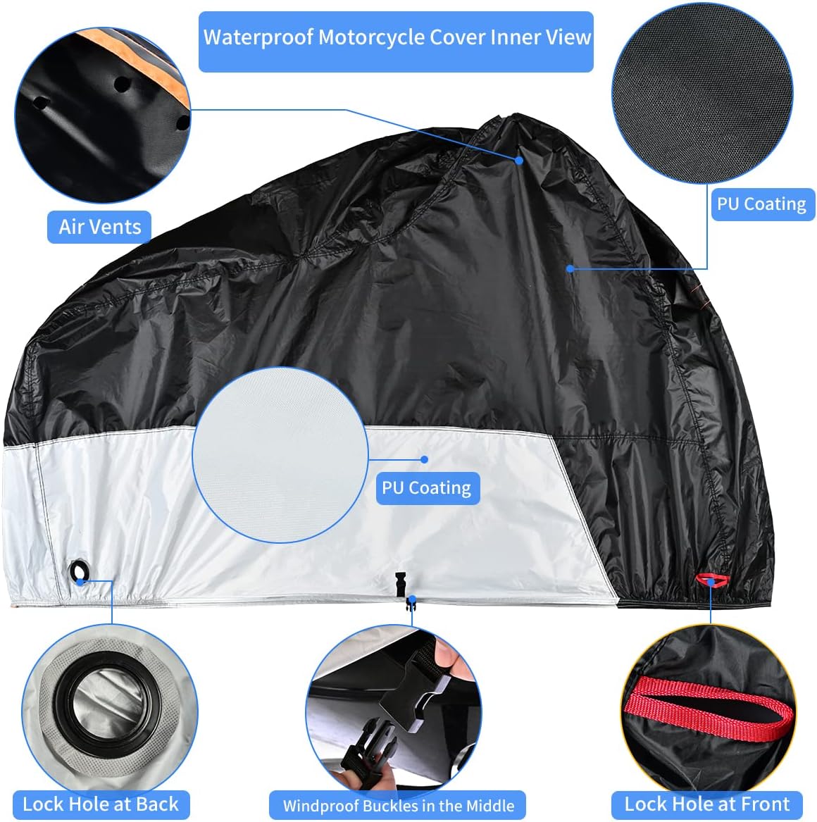 Motorcycle Cover, Coverado Motorcycle Covers Waterproof Outdoor Storage with Lockholes and Night Reflector, All Weather Waterproof Sun Protection Outdoor Scooter Cover Universal Fit Up to 93" Motors