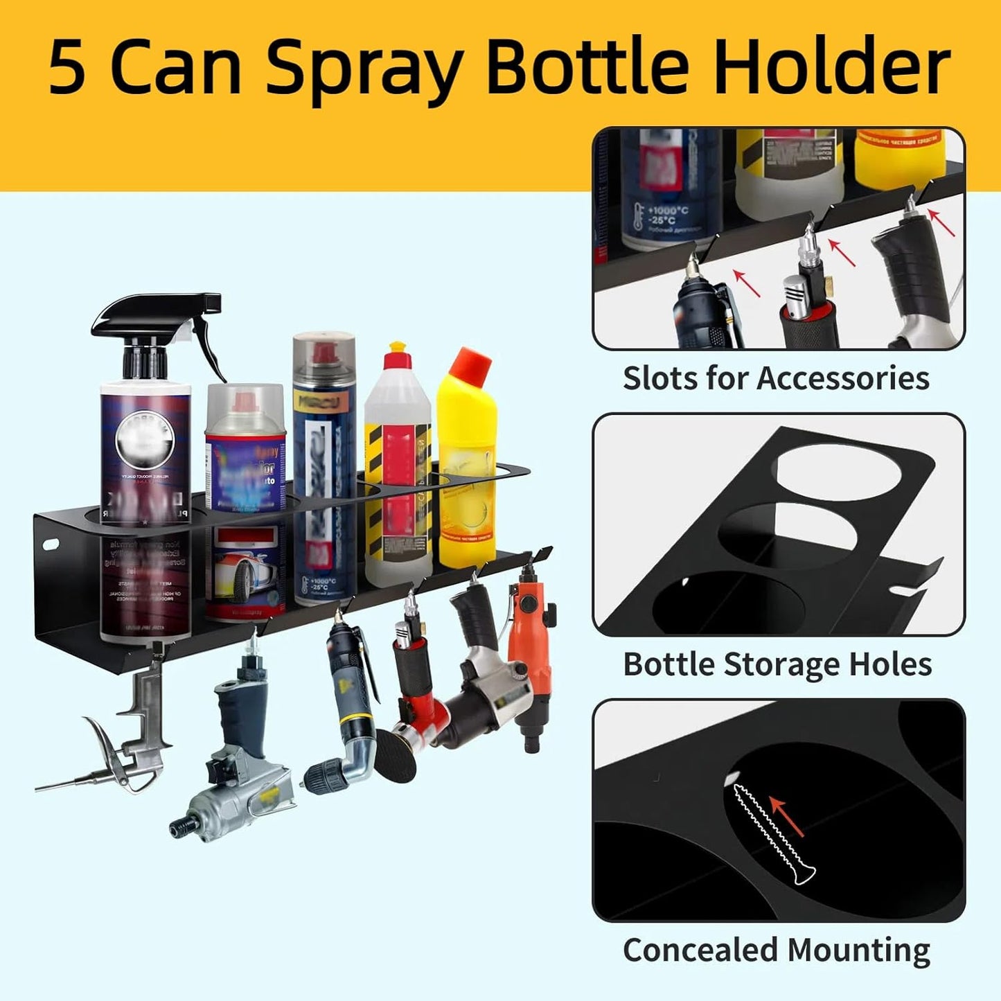 4 Pack Aerosol Spray Can Holder Rack, Wall Mounted Spray Bottle Holder Heavy Duty Steel Air Tool Organizer 5 Cans Spray Paint Can Storage with 24 Slots for Garages Workspace or Tool Trailer, Black