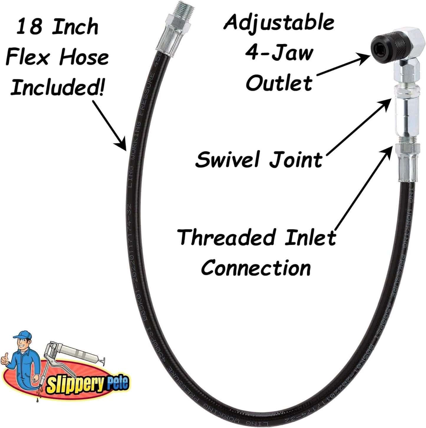 Slippery Pete 90 Degree Grease Gun Coupler - 18 Inch Flex Hose, Threaded Connection, Swivel Head, Grease Gun Fittings Compatible, 31mm Length Head for DIY Mechanics, Garage and Auto Mechanics
