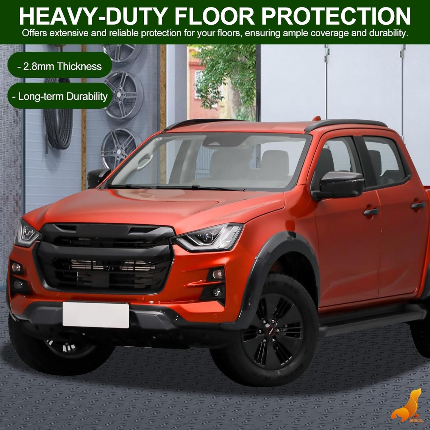 SEAL 4 x 15 Ft Premium Garage Floor Mat, Solid 2.8mm Thick Gray Commercial Grade Heavy Duty Parking Mat for Garage Floor, Golf Cart Parking, Water/Stain Resistant Floor Runner (Embossed Diamond Plate)